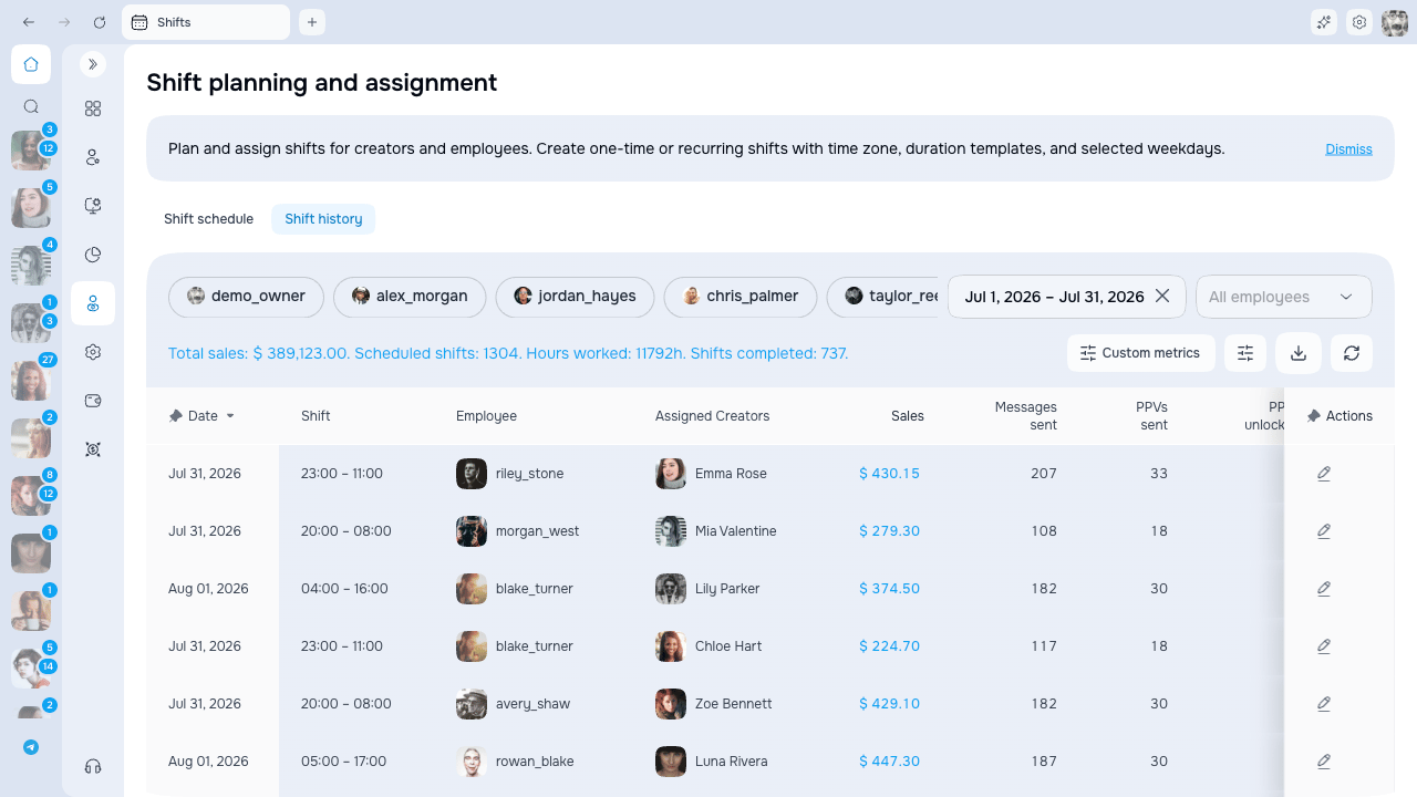 Shift History table with filters and export action