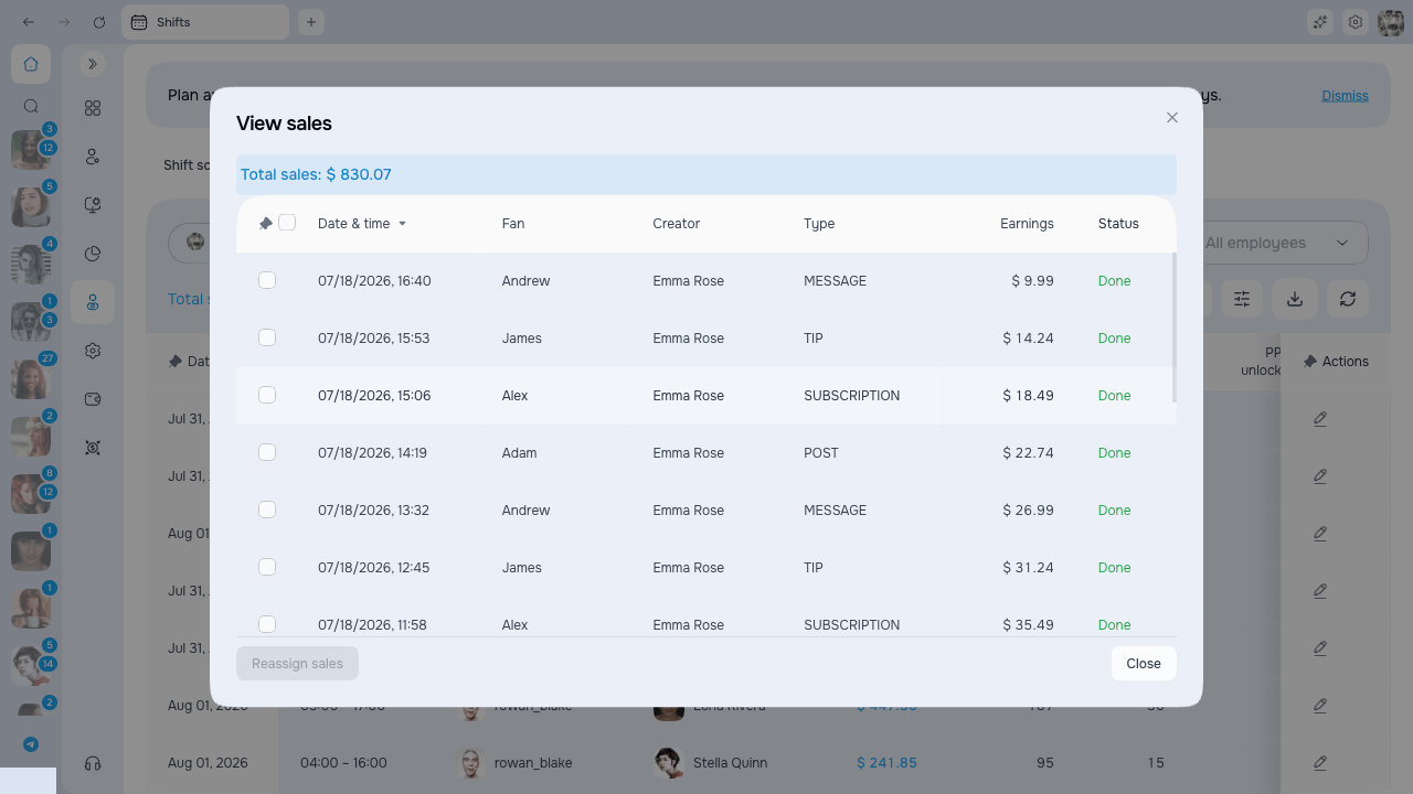Shift sales details with sale reassignment controls