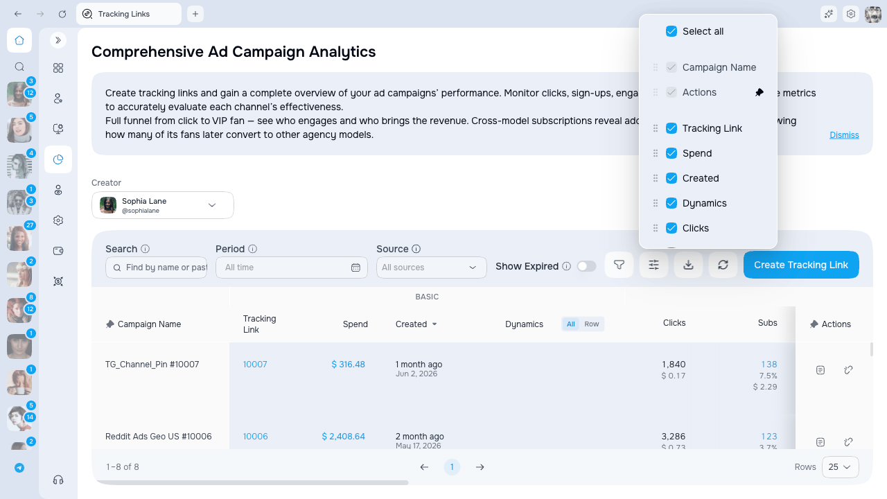 Tracking Links column visibility and pinning controls