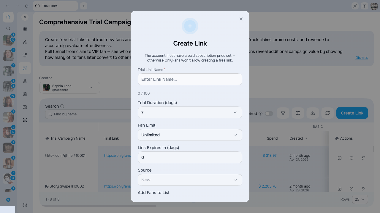 Create Trial Link dialog