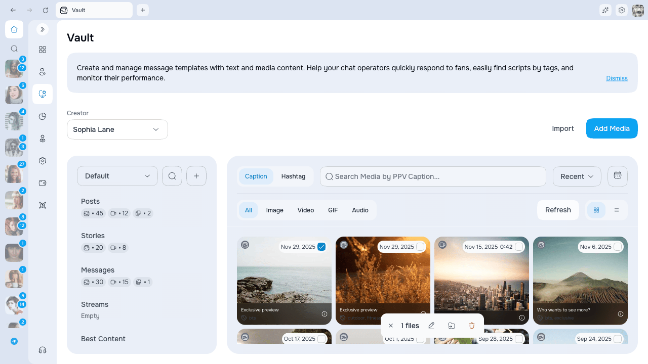 Vault bulk action bar with selected media
