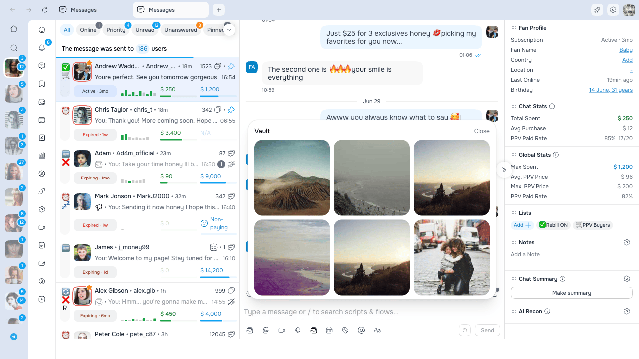 OnlyFans Vault picker in a chat with media previously sent to this fan marked