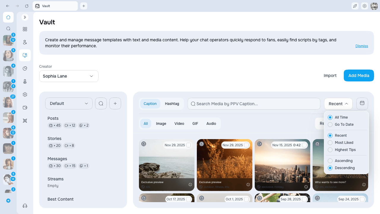 Vault search, type, sort, and date filters