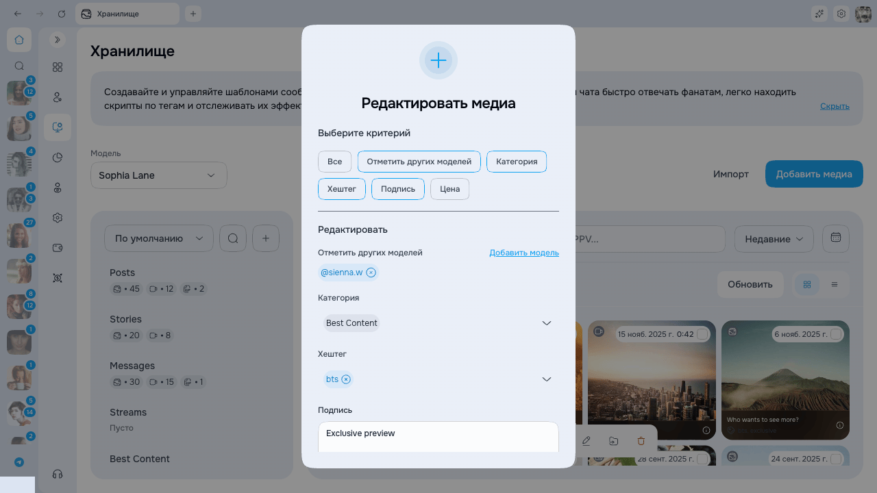 Детали медиа с редактируемыми метаданными Хранилища
