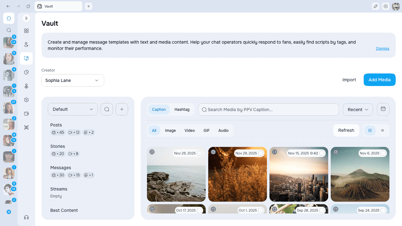 Vault overview with category sidebar and media grid