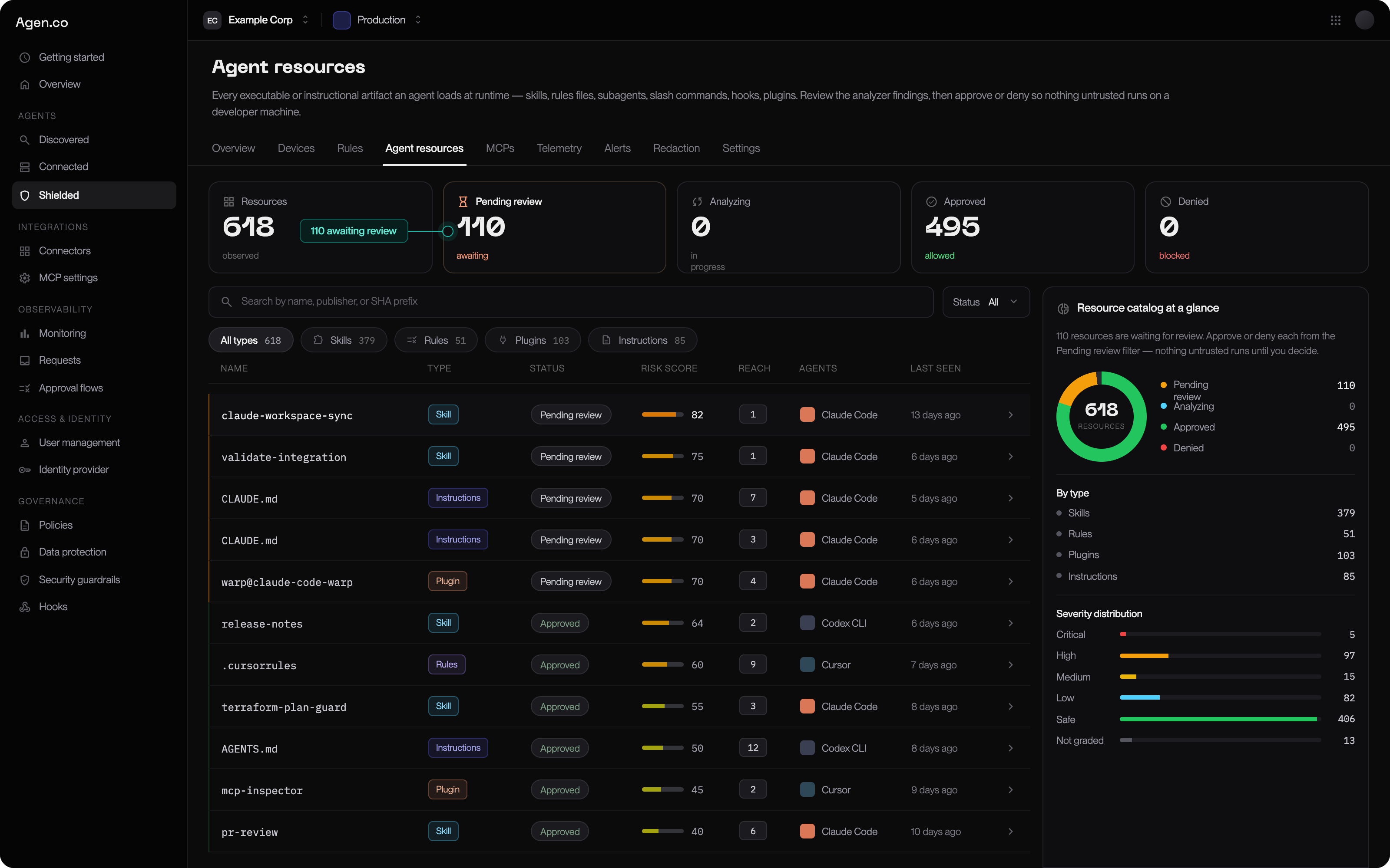 Agent resources page in the Frontegg Portal: stat tiles for total, pending review, and approved resources, above a table of skills with risk scores, and a callout reading: 110 awaiting review.