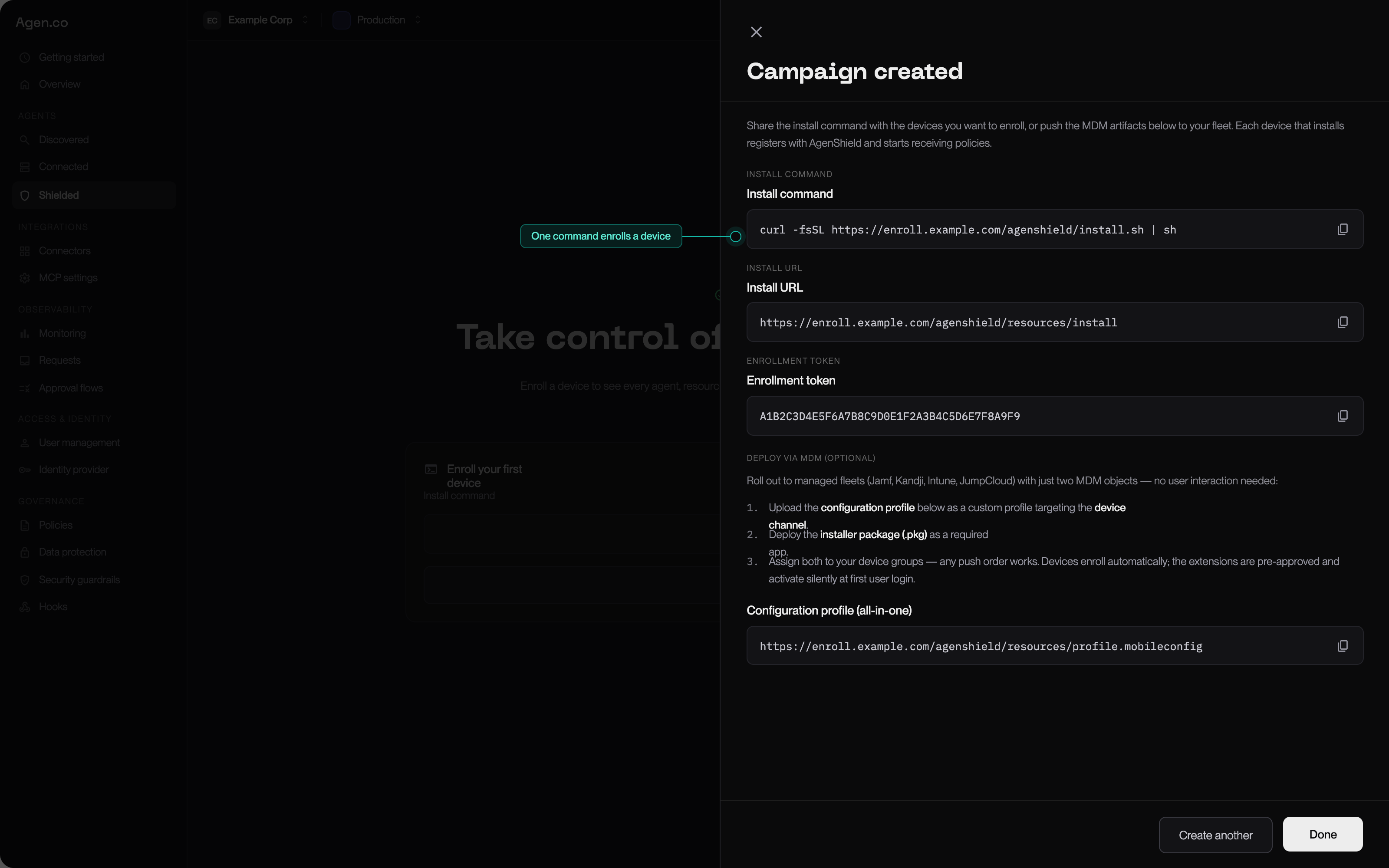 Campaign created panel in the Frontegg Portal showing a copyable install command, install URL, and enrollment token, with a callout reading: one command enrolls a device.