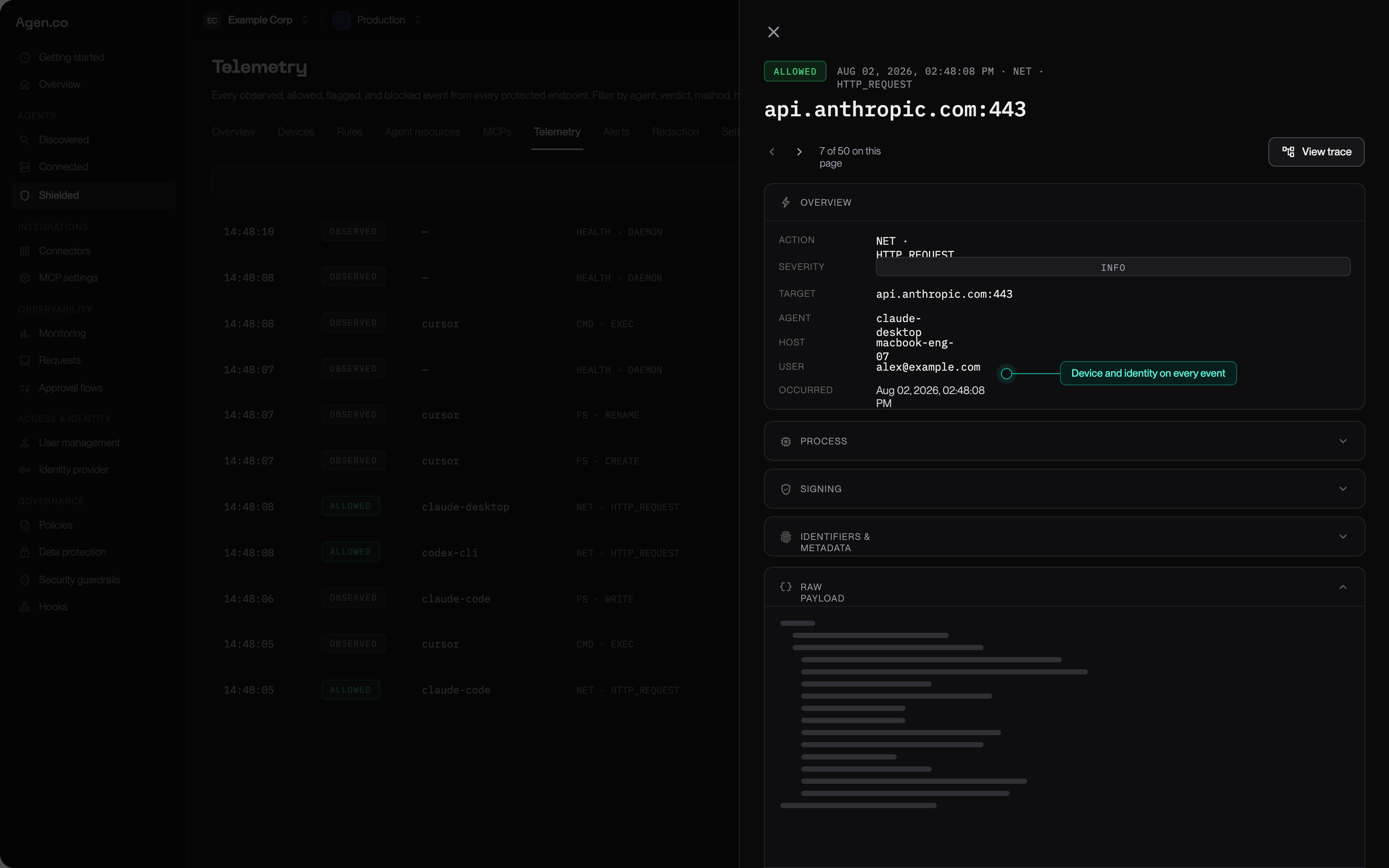 Event detail drawer for an allowed connection showing the destination, agent, device hostname, and user identity, a View trace button, and a callout reading: device and identity on every event.