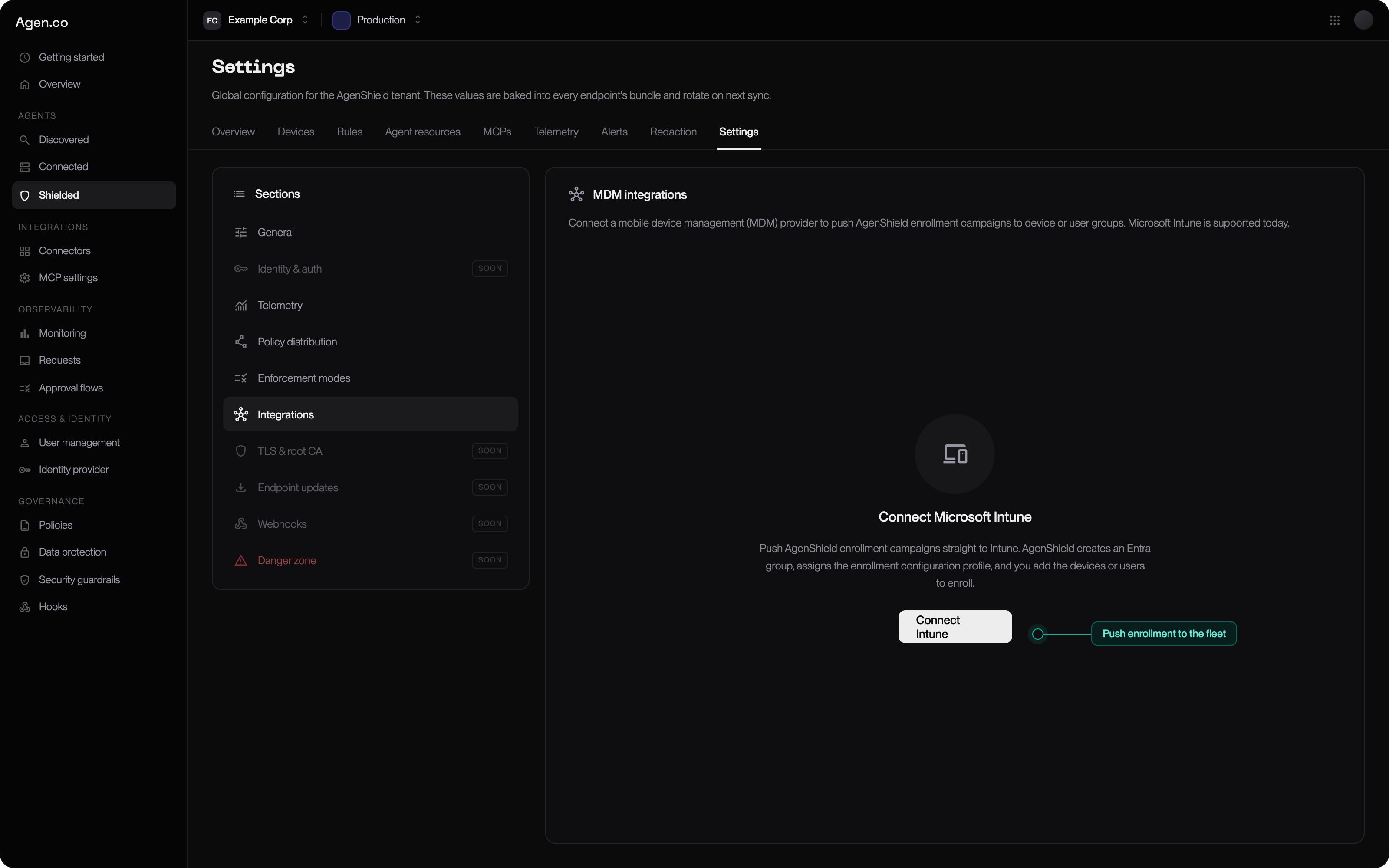 Integrations page in the Frontegg Portal showing the Connect Microsoft Intune starting point, with a callout reading: push enrollment to the fleet.