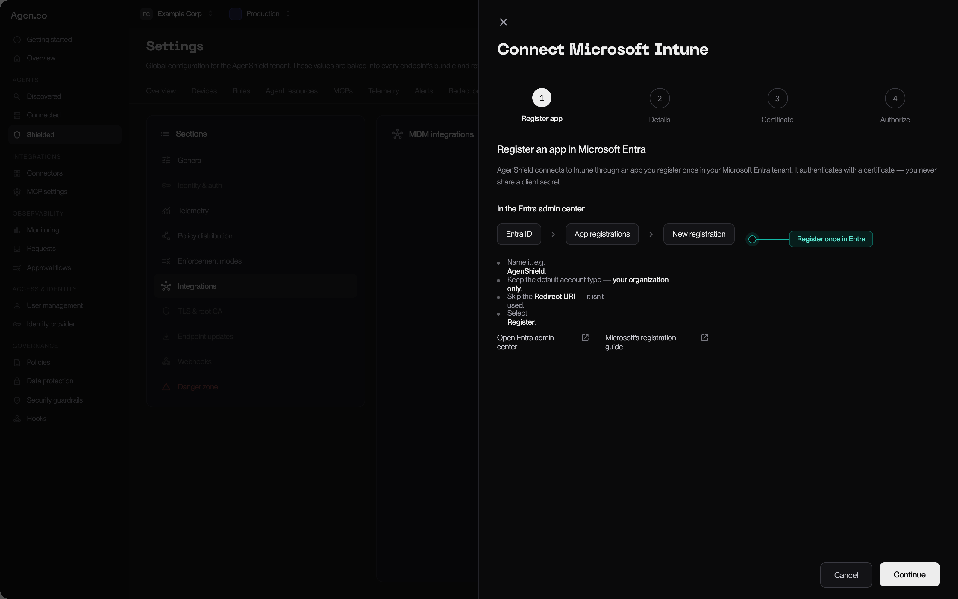 Connect Microsoft Intune wizard, step one of four, showing the Entra path — Entra ID, App registrations, New registration — with a callout reading: register once in Entra.