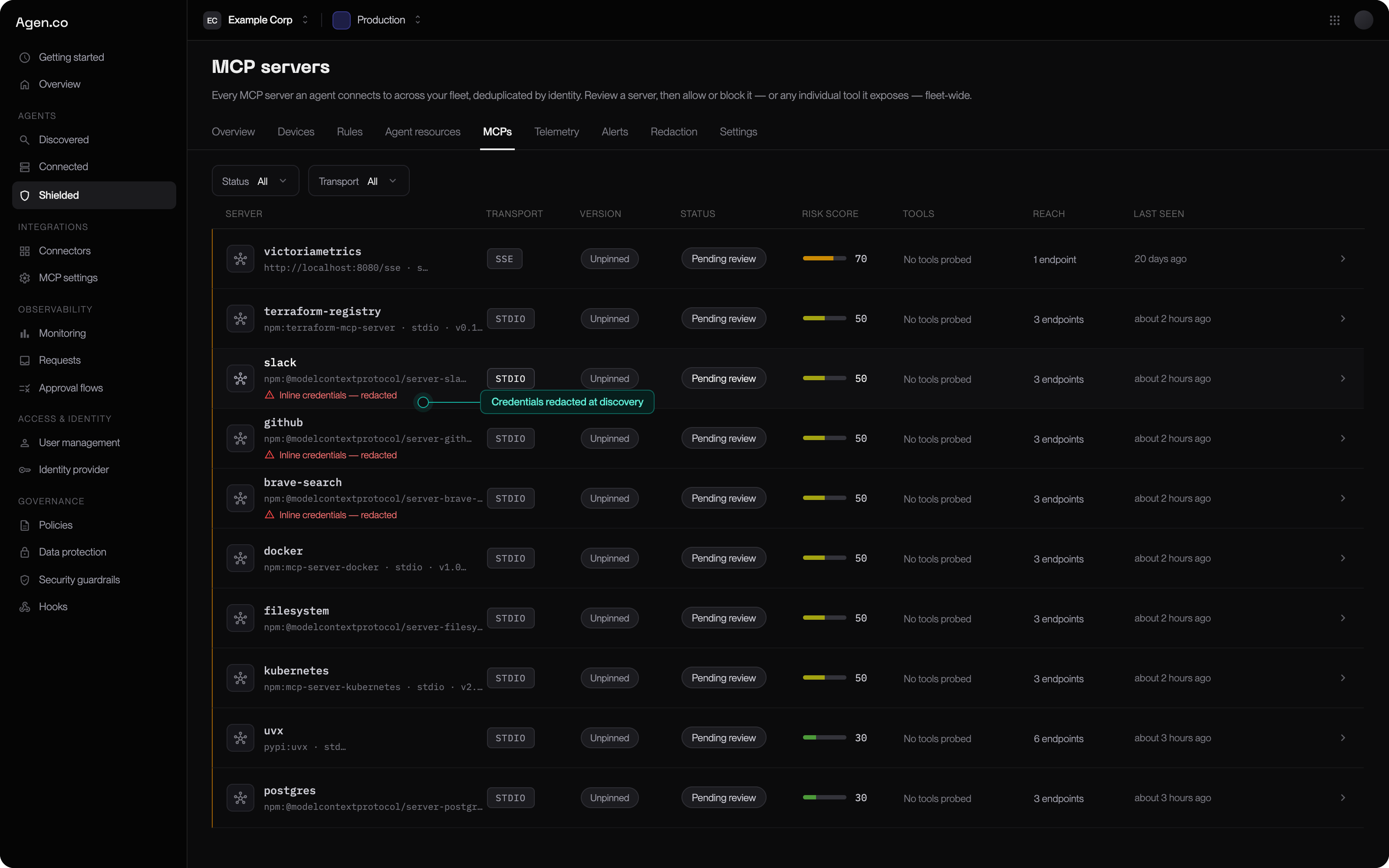 MCP servers page in the Frontegg Portal listing connectors with transport badges and risk scores; one server is flagged for inline credentials with a callout reading: credentials redacted at discovery.