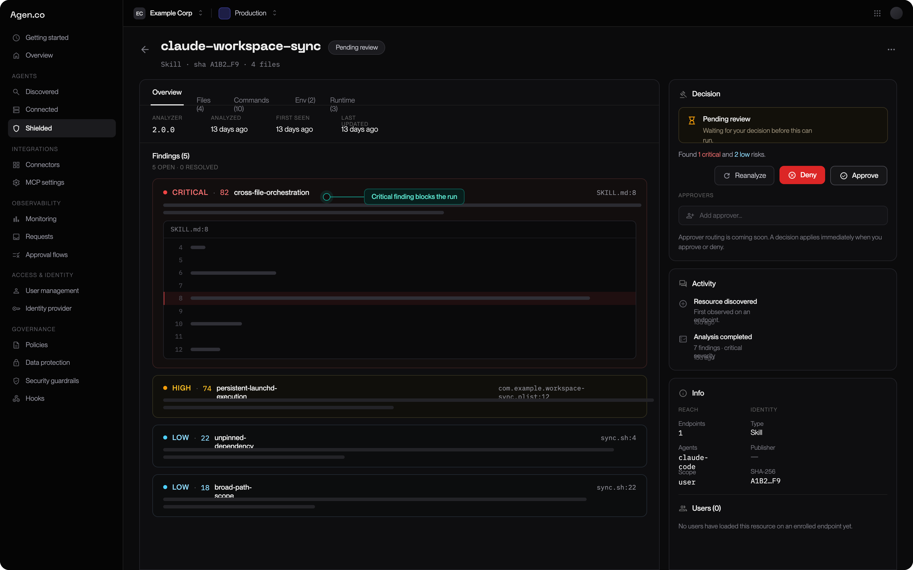 Resource detail view for a skill pending review, showing a critical finding with the offending line of SKILL.md highlighted, Deny and Approve buttons, and a callout reading: critical finding blocks the run.