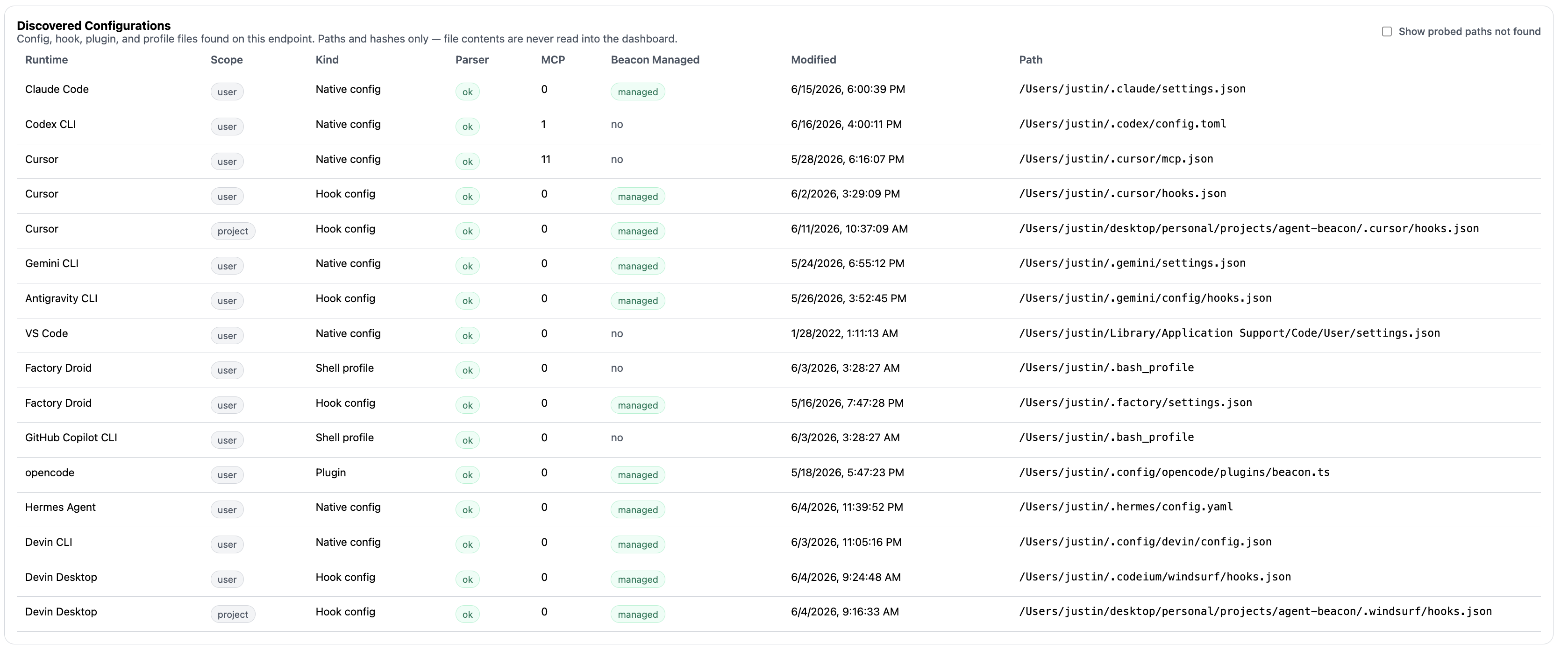 Beacon dashboard Agent Harness Inventory view showing supported runtimes and coverage states.
