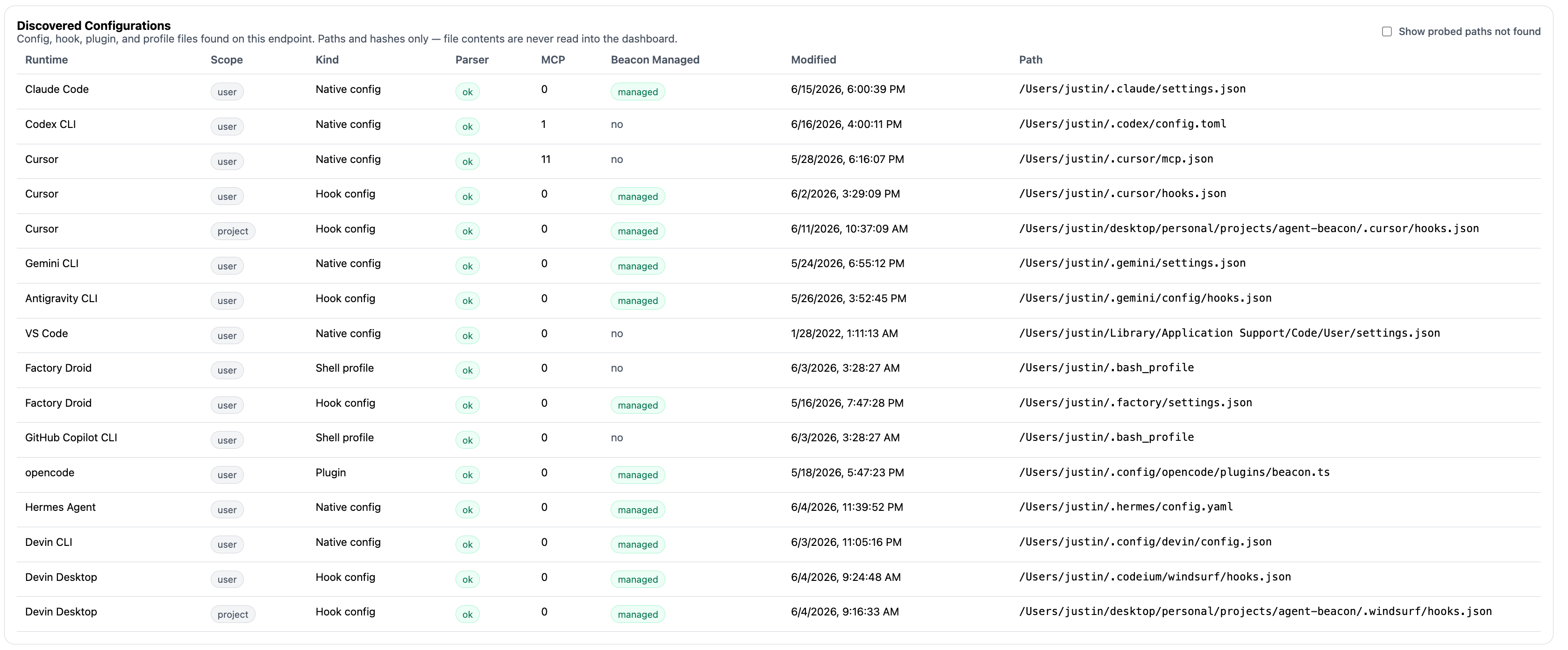 Beacon dashboard Agent Harness Inventory view showing supported runtimes and coverage states.