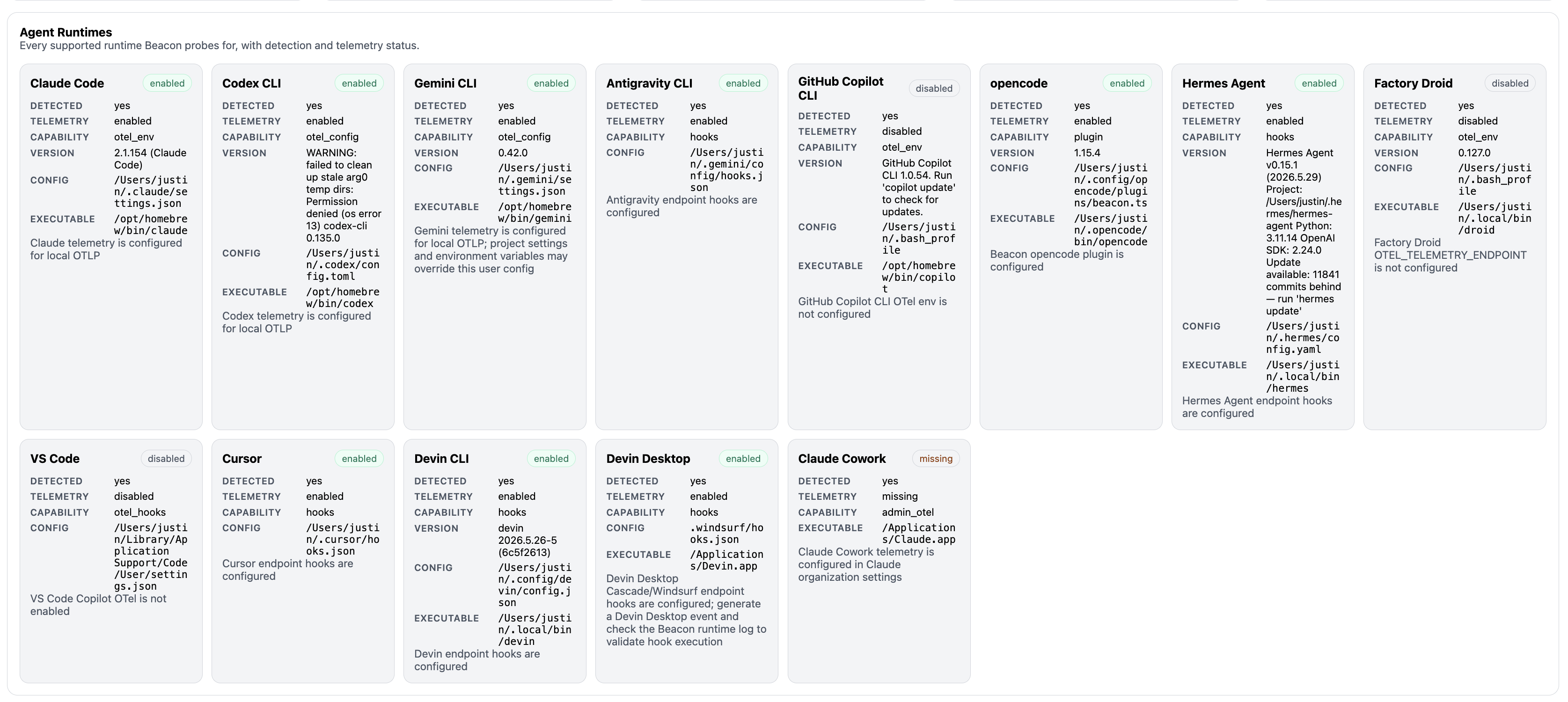 Beacon dashboard Inventory view showing agent runtime configurations and coverage state.