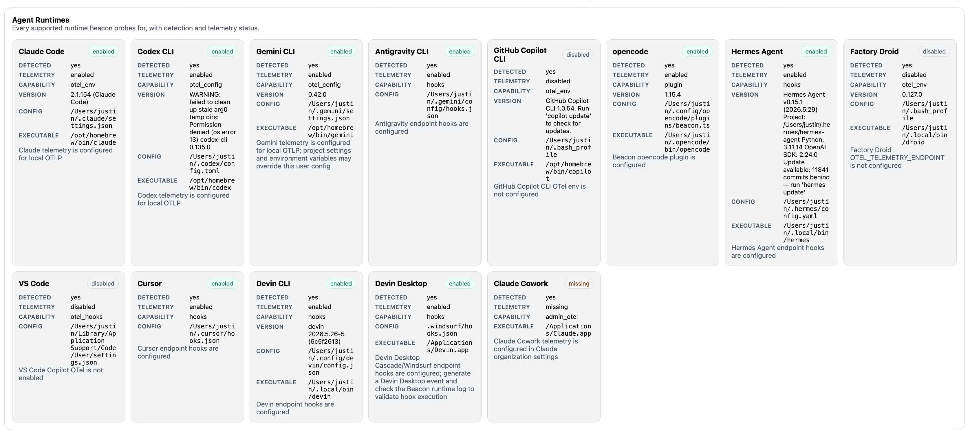 Beacon dashboard Inventory view showing agent runtime configurations and coverage state.
