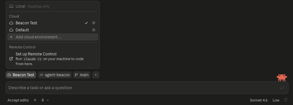 Claude Code cloud environment selector showing a Beacon Test cloud environment selected.