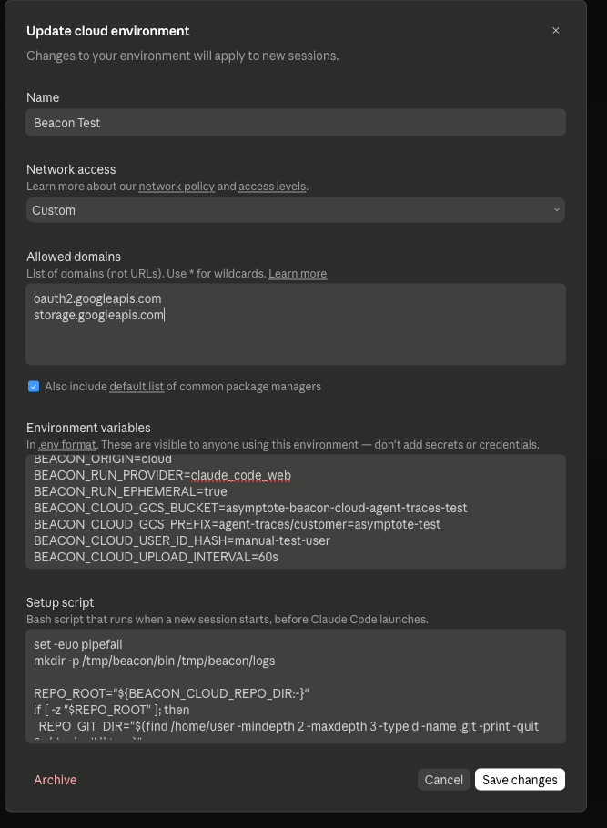 Claude Code cloud environment settings showing custom network domains, Beacon environment variables, and a setup script.