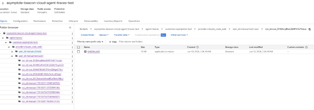 Google Cloud Storage object browser showing Beacon cloud agent traces partitioned by provider, user ID, Claude run ID, and runtime.jsonl.