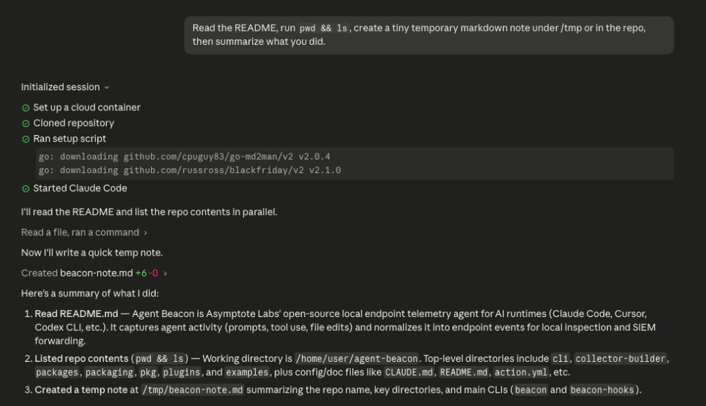 Claude Code cloud agent session showing setup completed, a README task, shell command activity, and a temporary note creation.