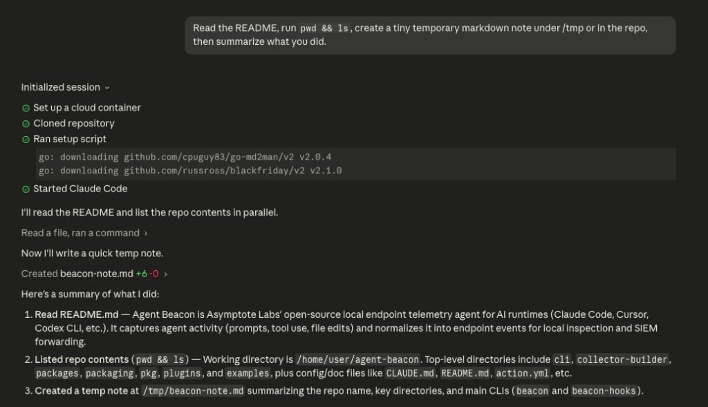 Claude Code cloud agent session showing setup completed, a README task, shell command activity, and a temporary note creation.