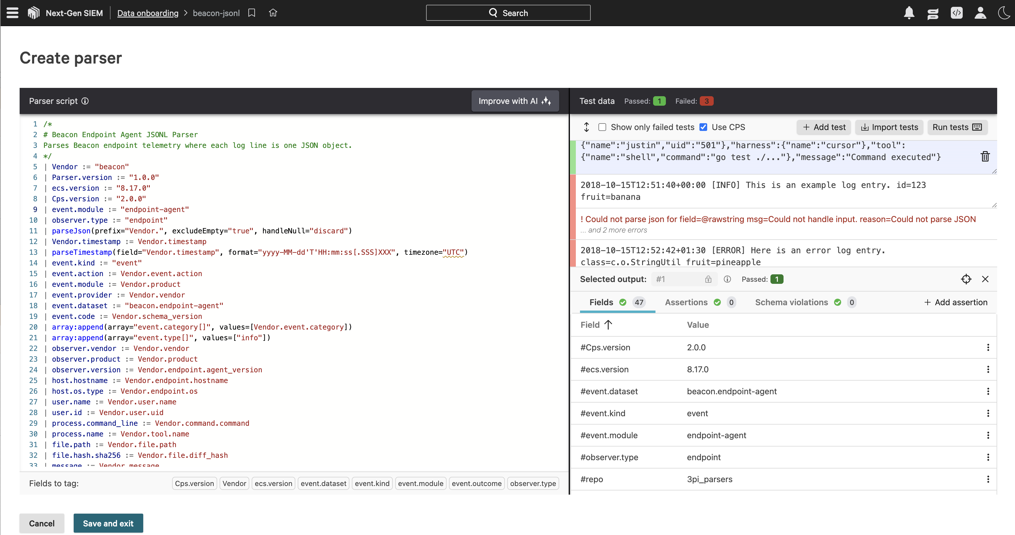 CrowdStrike parser editor with the Beacon JSONL parser script and test data results.