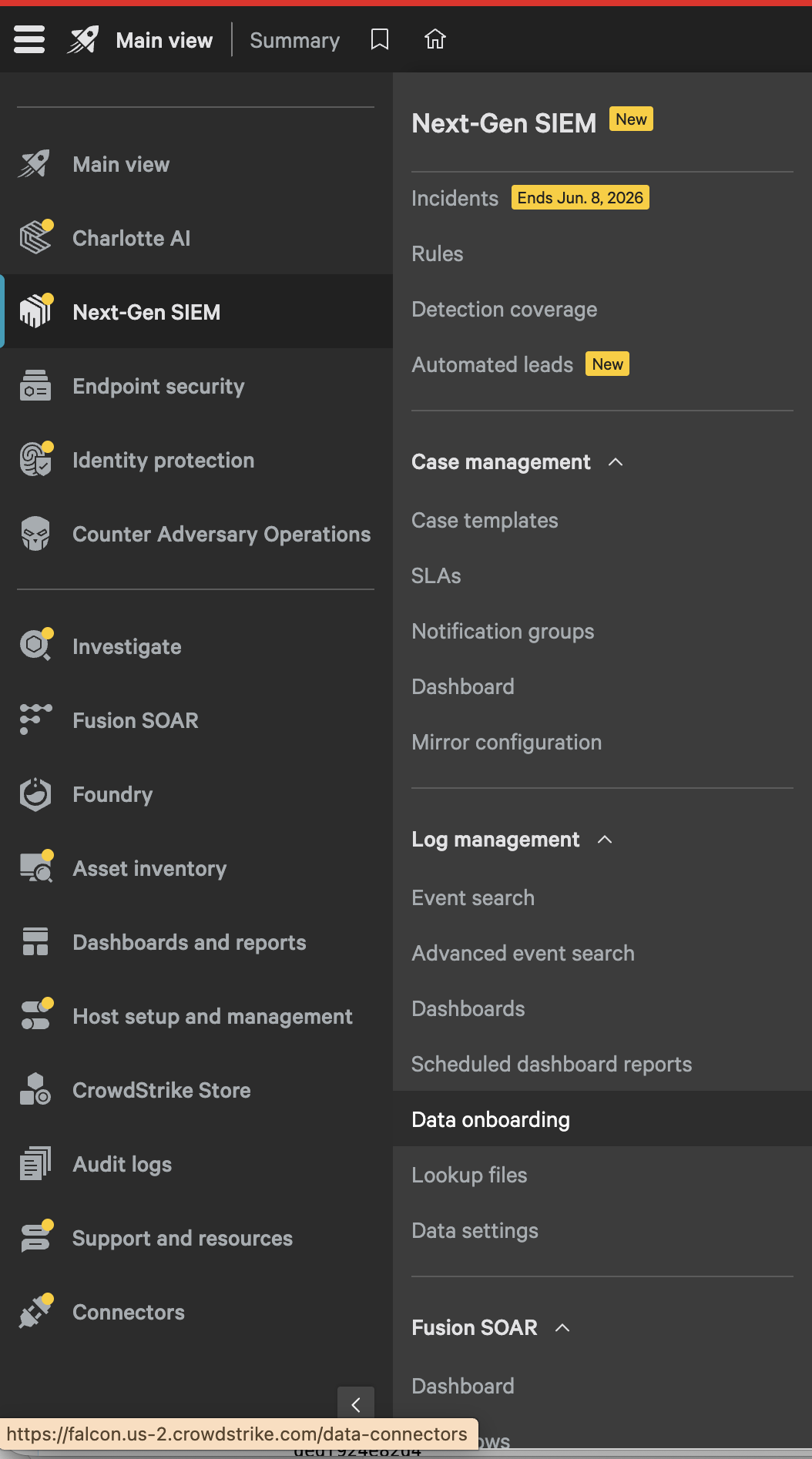 CrowdStrike Falcon navigation showing Next-Gen SIEM data onboarding under Log management.