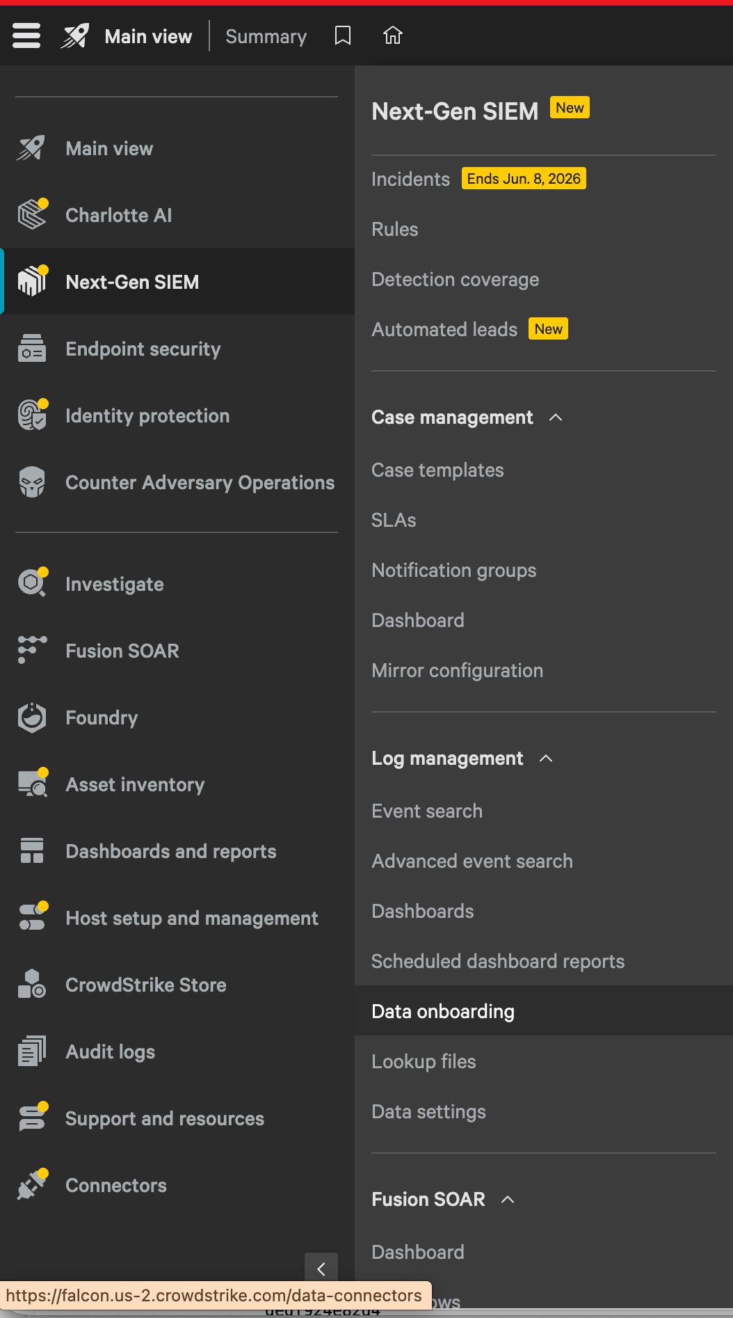 CrowdStrike Falcon navigation showing Next-Gen SIEM data onboarding under Log management.