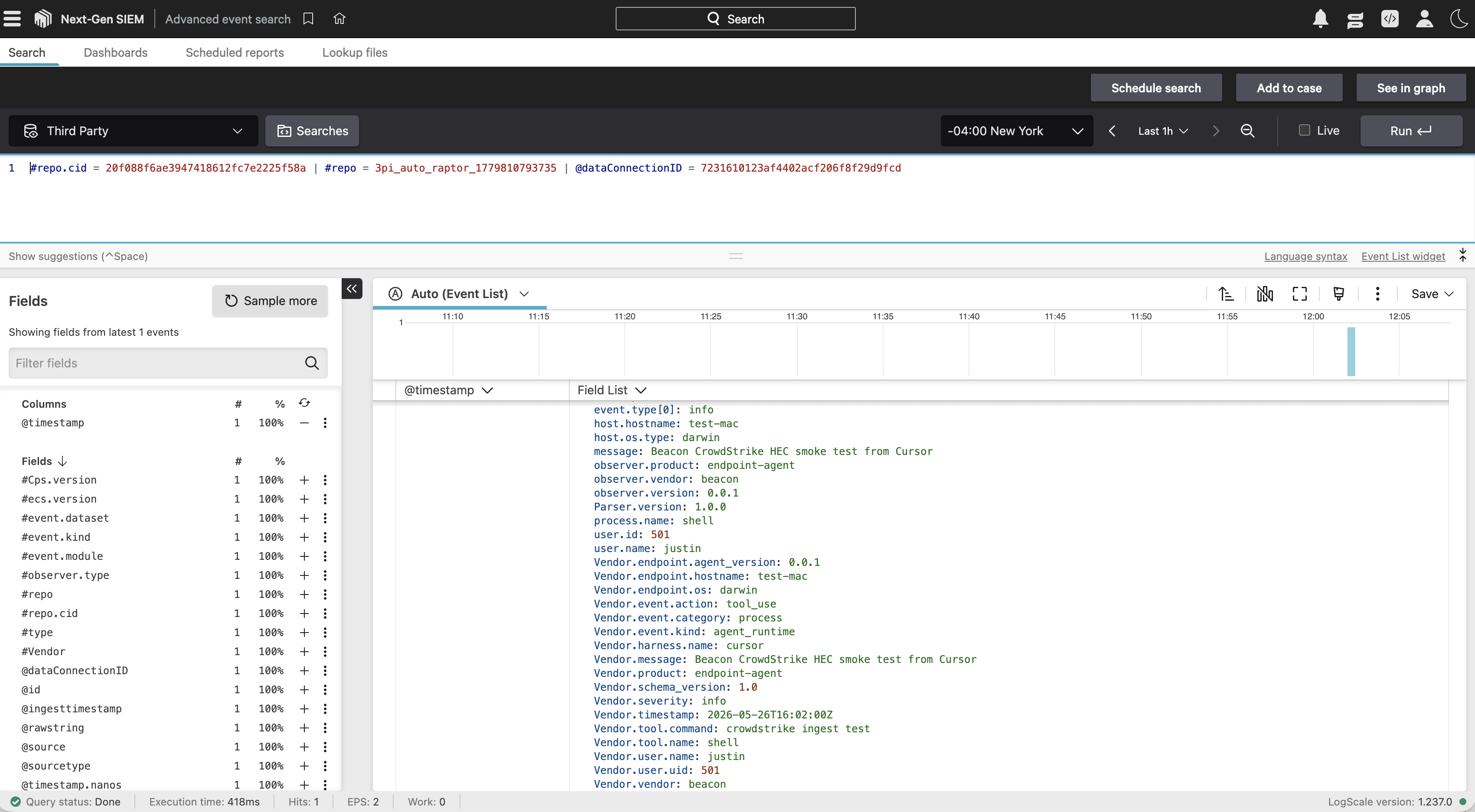 CrowdStrike Advanced event search showing a parsed Beacon endpoint smoke test event with normalized fields.