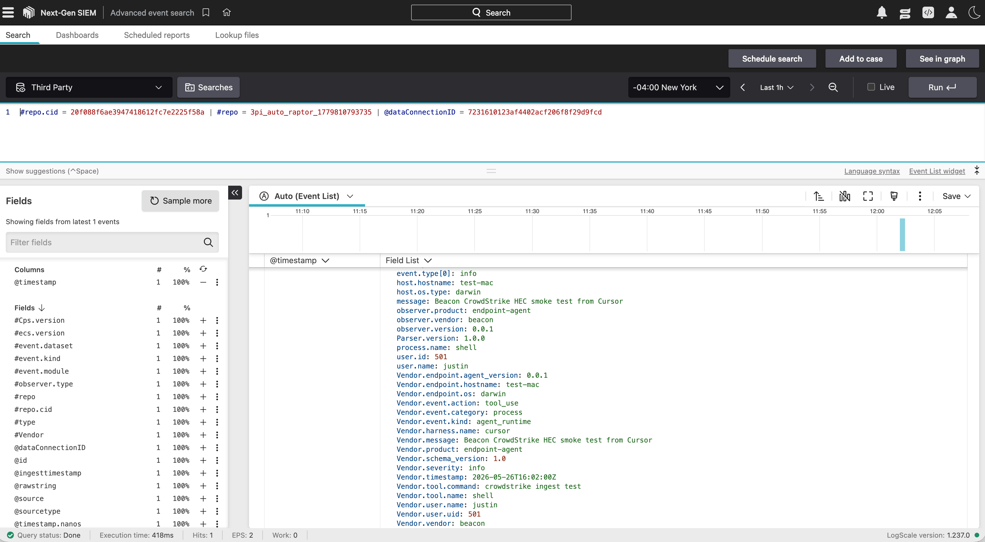CrowdStrike Advanced event search showing a parsed Beacon endpoint smoke test event with normalized fields.