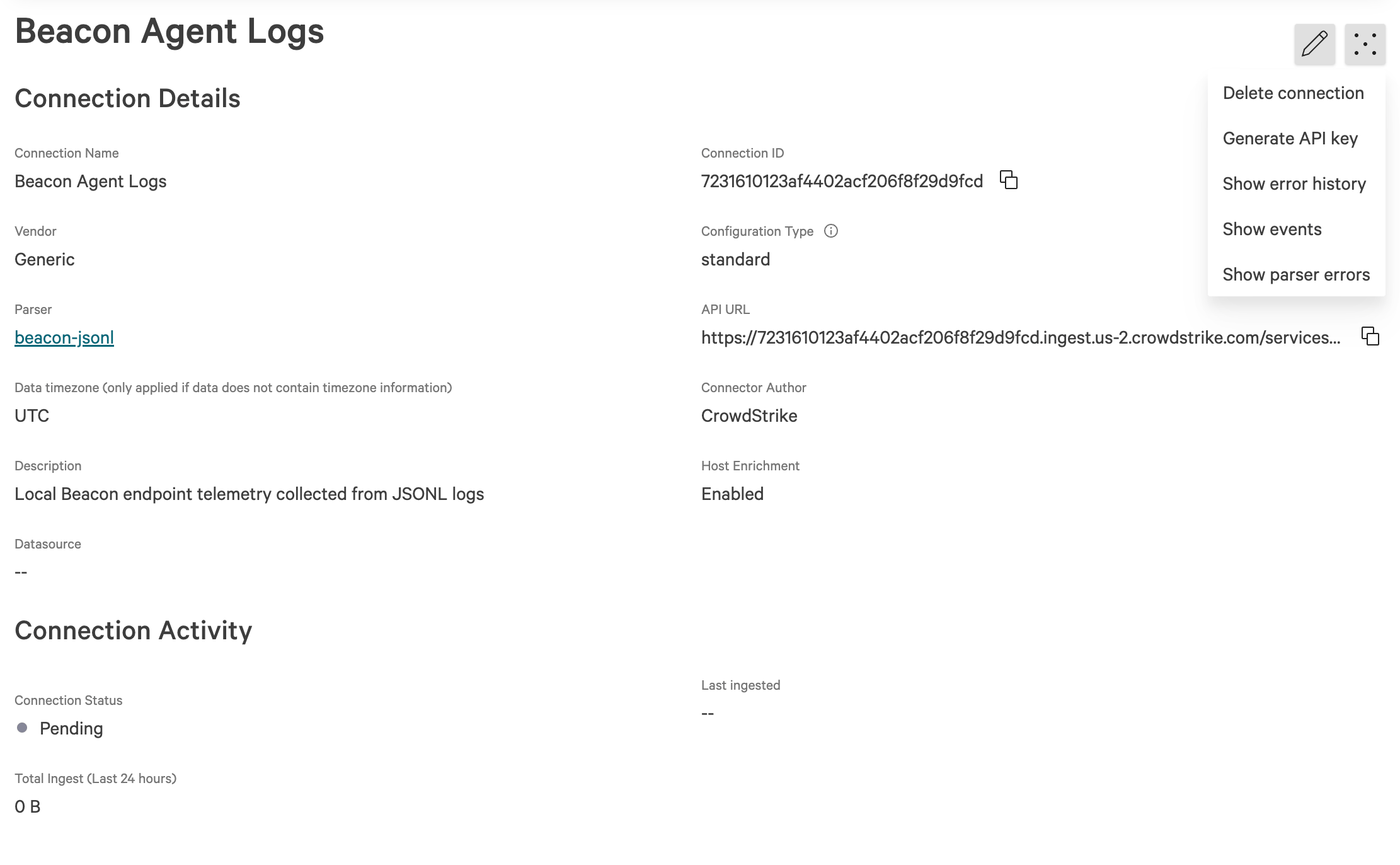 CrowdStrike connection details page for Beacon Agent Logs showing the Generate API key action.