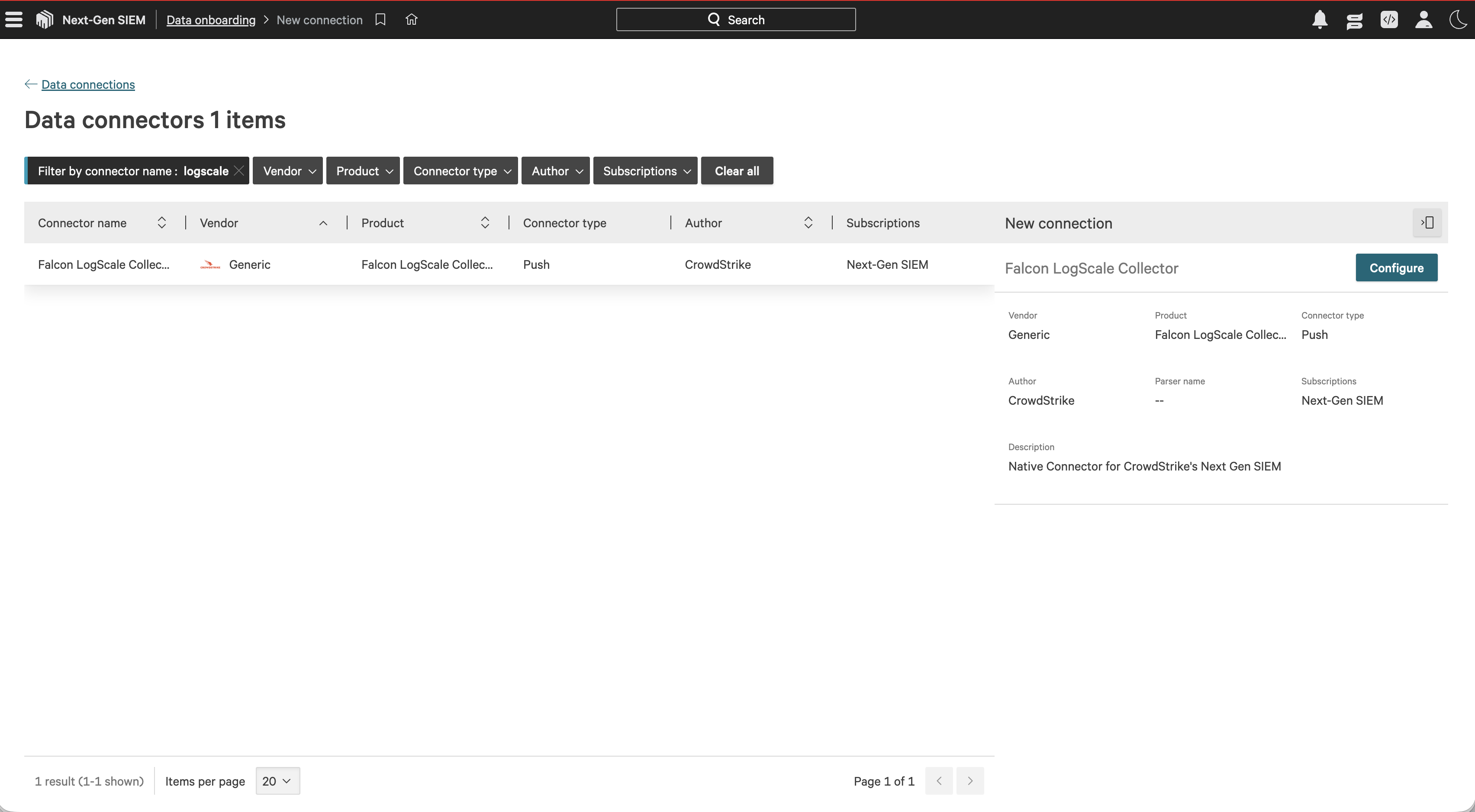 CrowdStrike data connectors page filtered to the Falcon LogScale Collector connector.