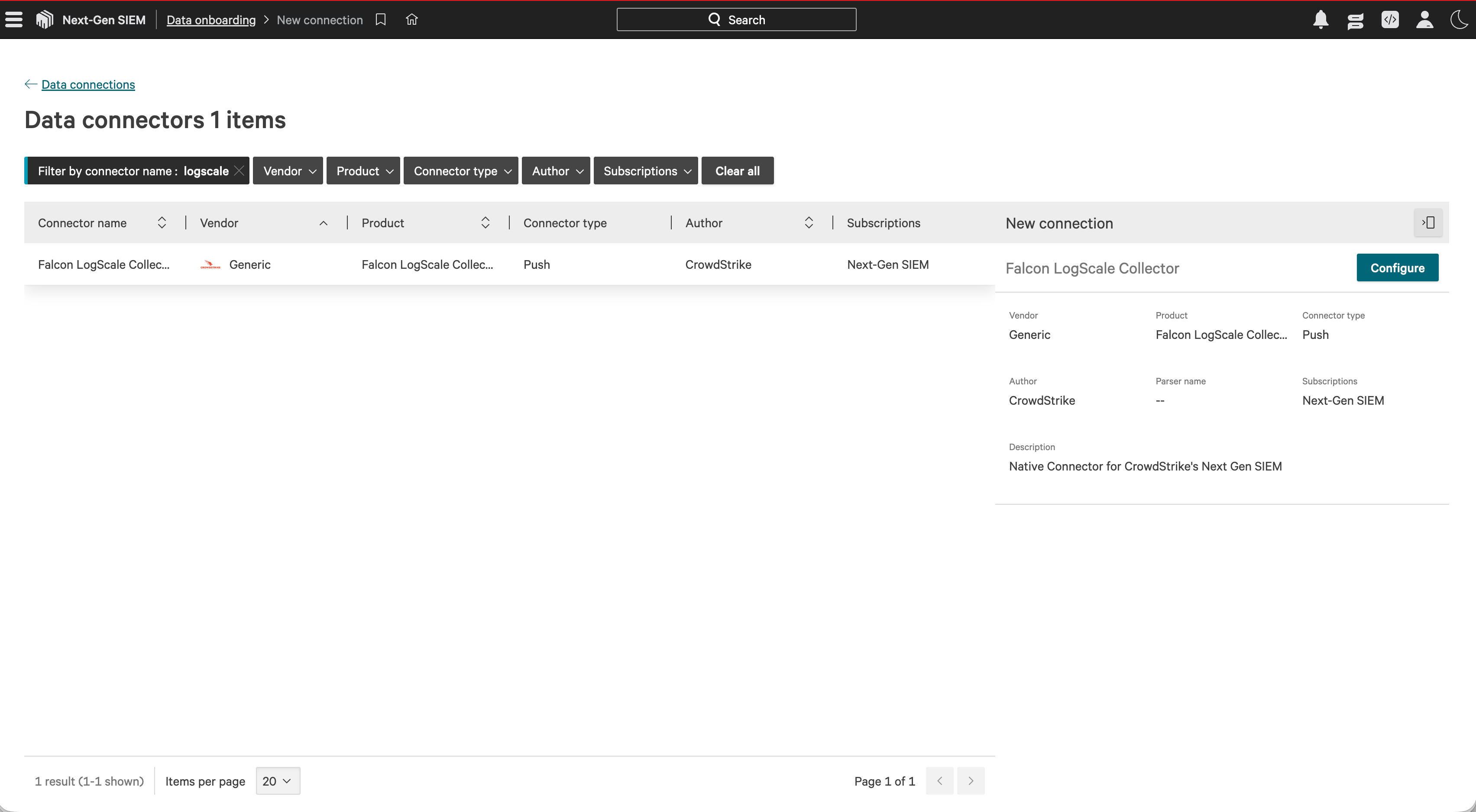 CrowdStrike data connectors page filtered to the Falcon LogScale Collector connector.
