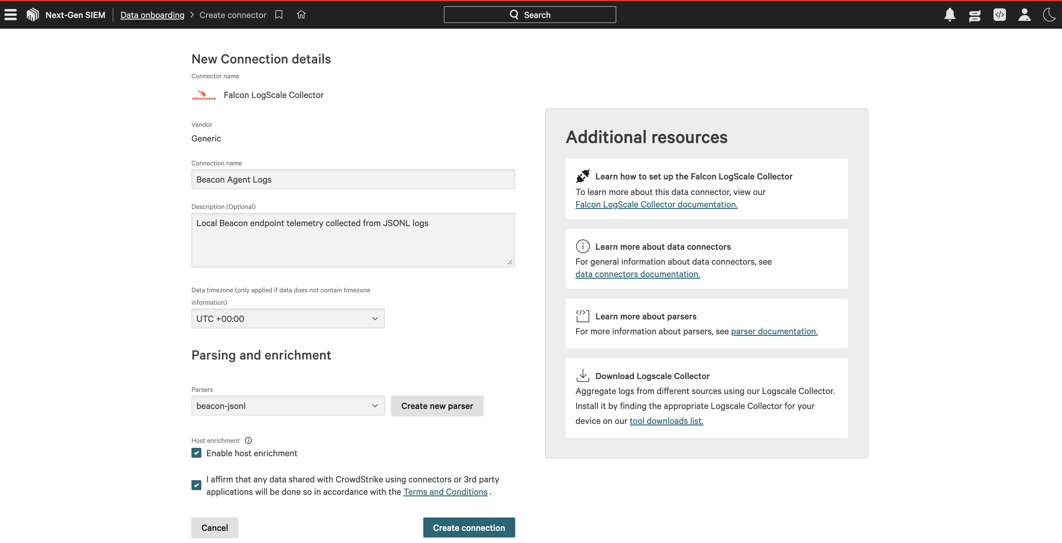 CrowdStrike new connection details page with Beacon Agent Logs and the beacon-jsonl parser selected.