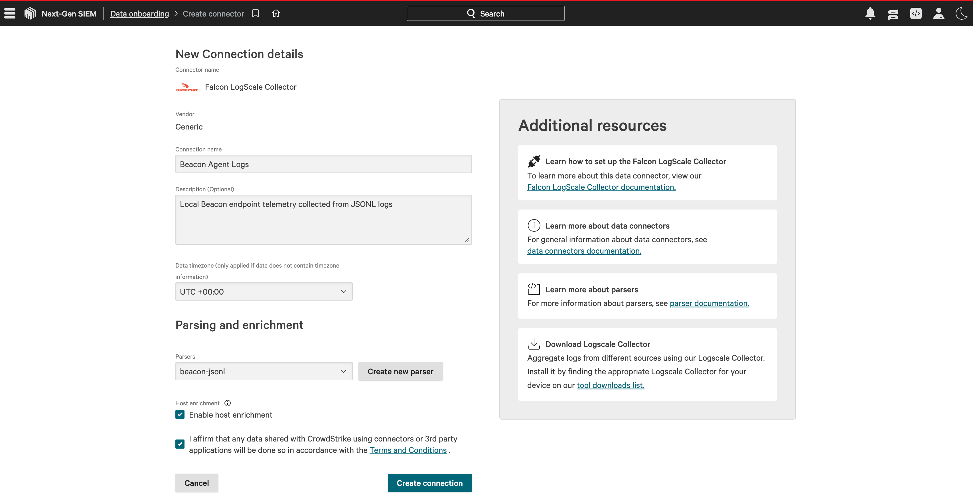 CrowdStrike new connection details page with Beacon Agent Logs and the beacon-jsonl parser selected.