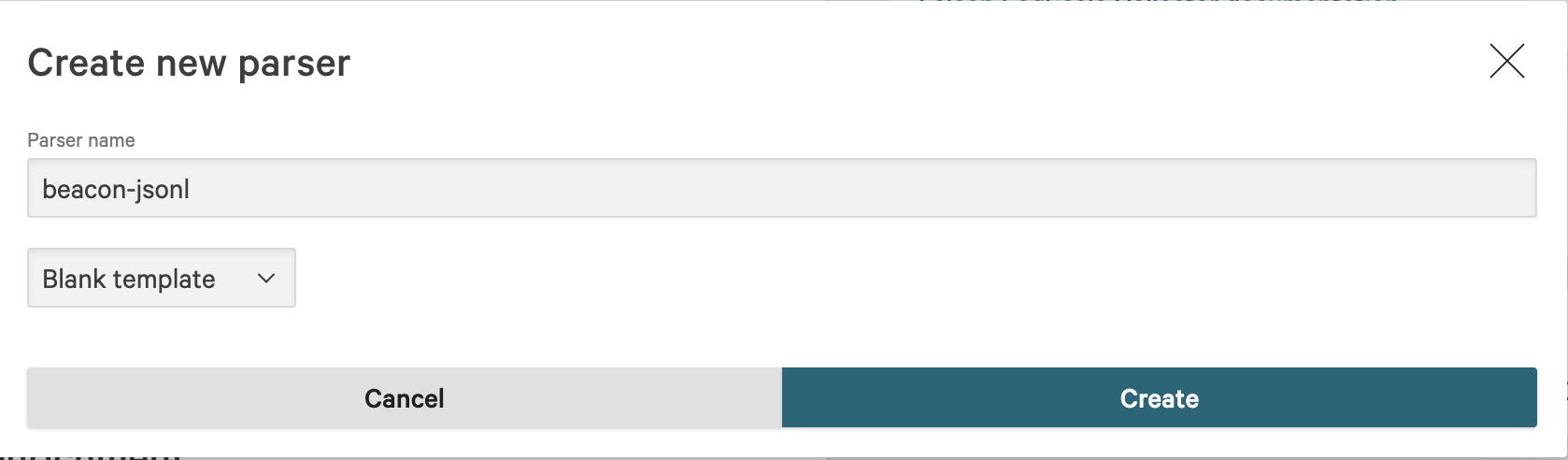 CrowdStrike create new parser dialog with parser name beacon-jsonl and blank template selected.