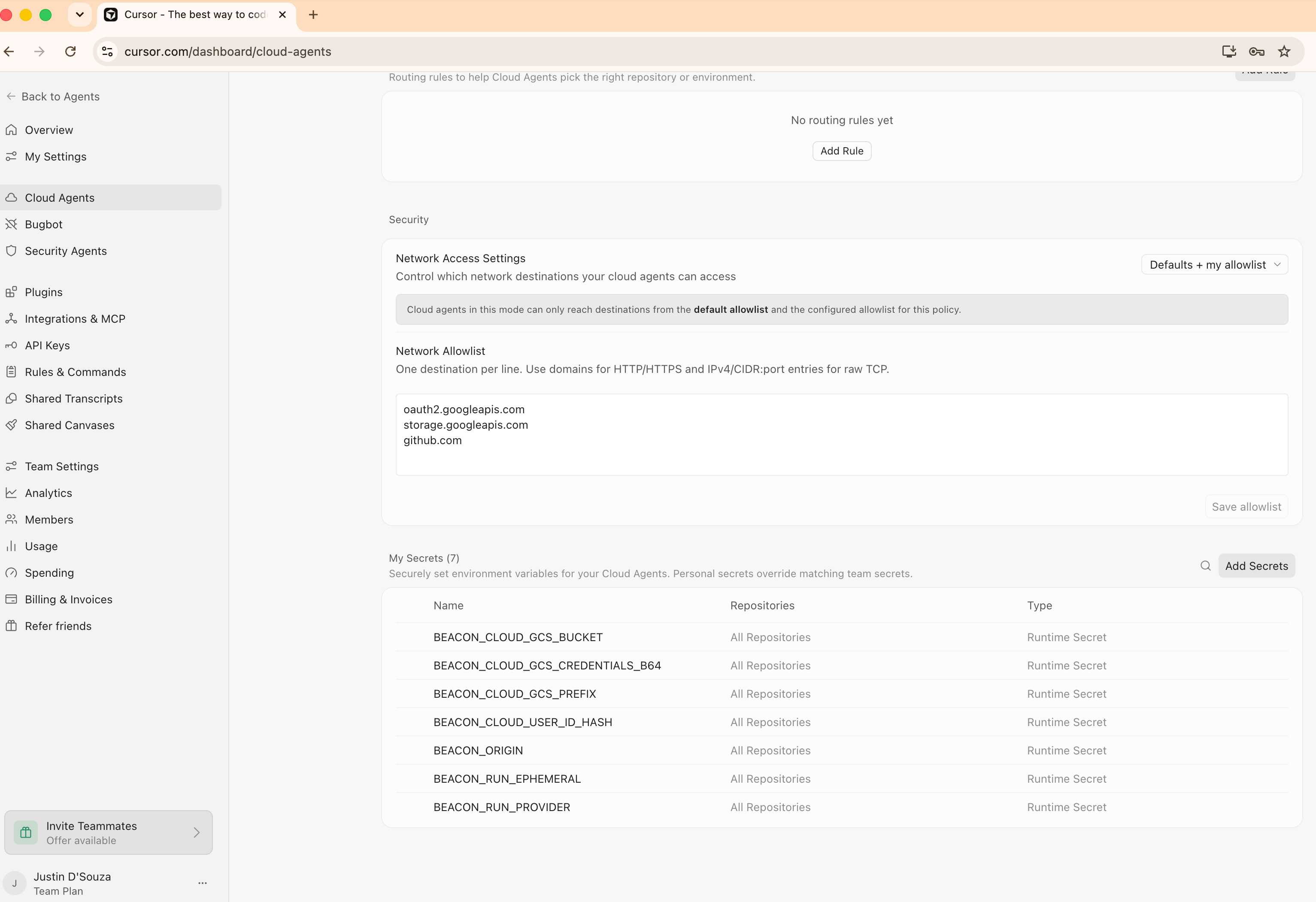 Cursor Cloud Agents settings showing network allowlist entries and Beacon runtime secrets for object-storage upload.