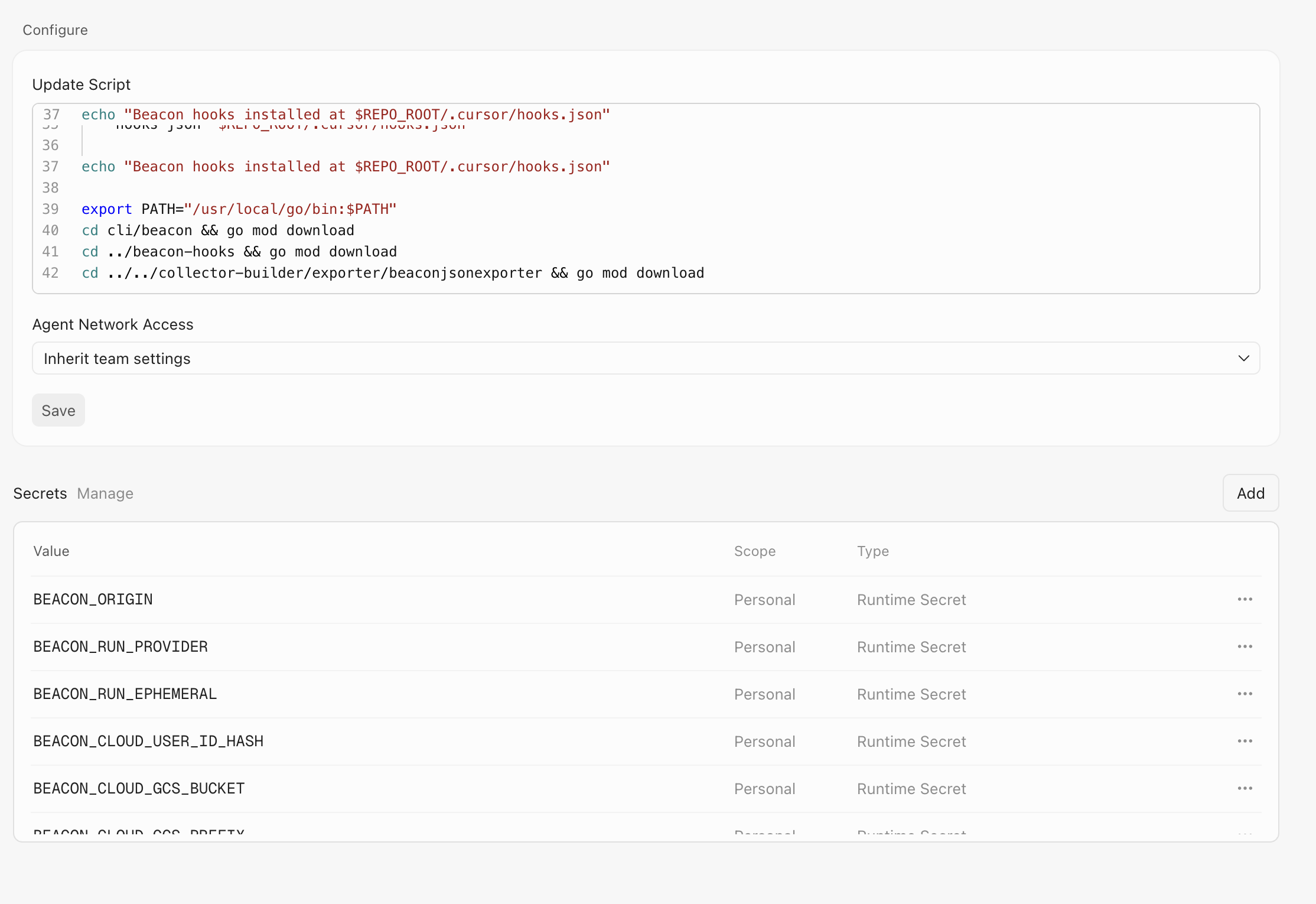 Cursor cloud environment configuration showing a Beacon setup script in the update script field and Beacon runtime secrets below it.