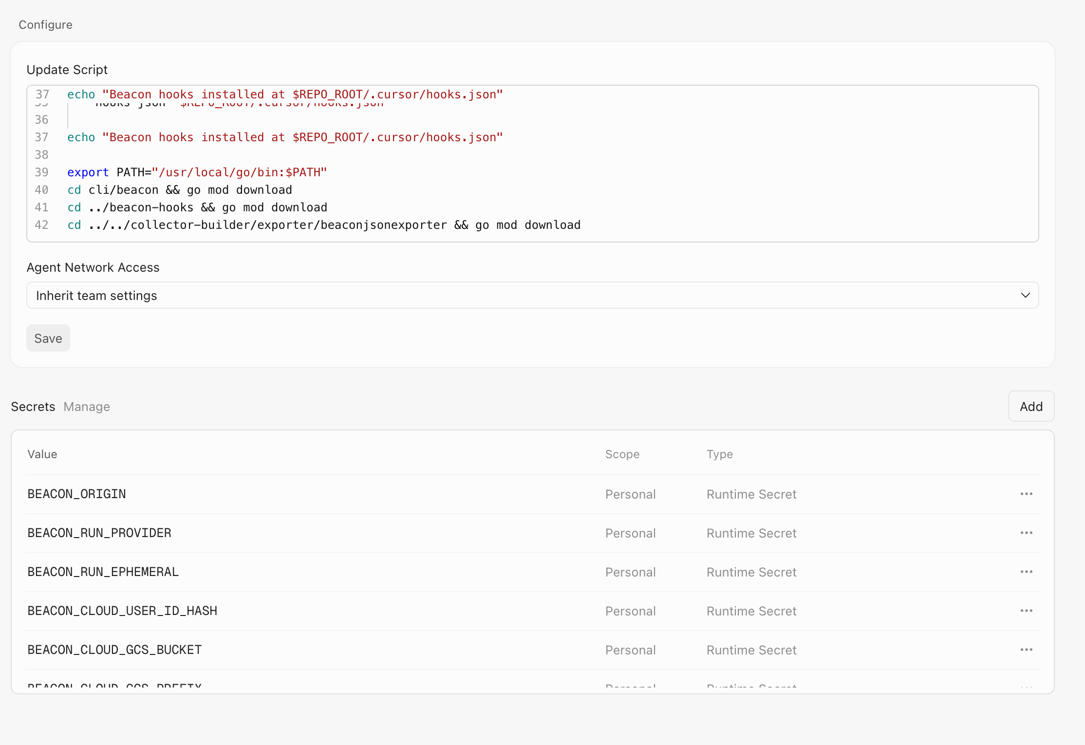 Cursor cloud environment configuration showing a Beacon setup script in the update script field and Beacon runtime secrets below it.