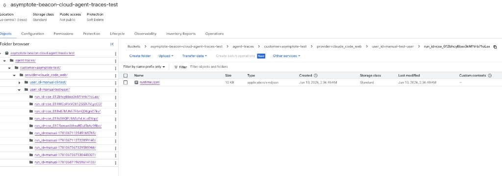 Google Cloud Storage object browser showing Beacon cloud agent traces partitioned by provider, user ID, Cursor run ID, and runtime.jsonl.