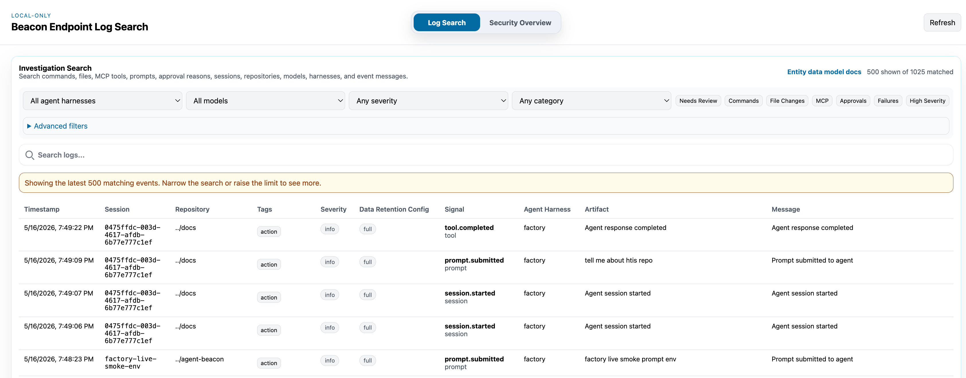 Beacon endpoint Log Search view showing investigation filters, quick filters, event rows, and model-aware search controls.