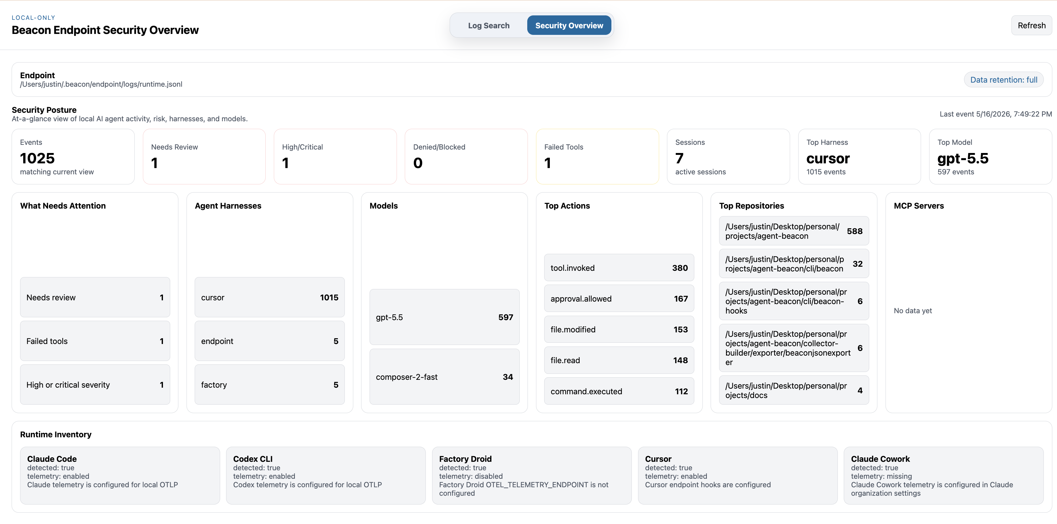 Beacon endpoint Security Overview showing security posture metrics, top harnesses, top models, top repositories, MCP servers, and runtime inventory.