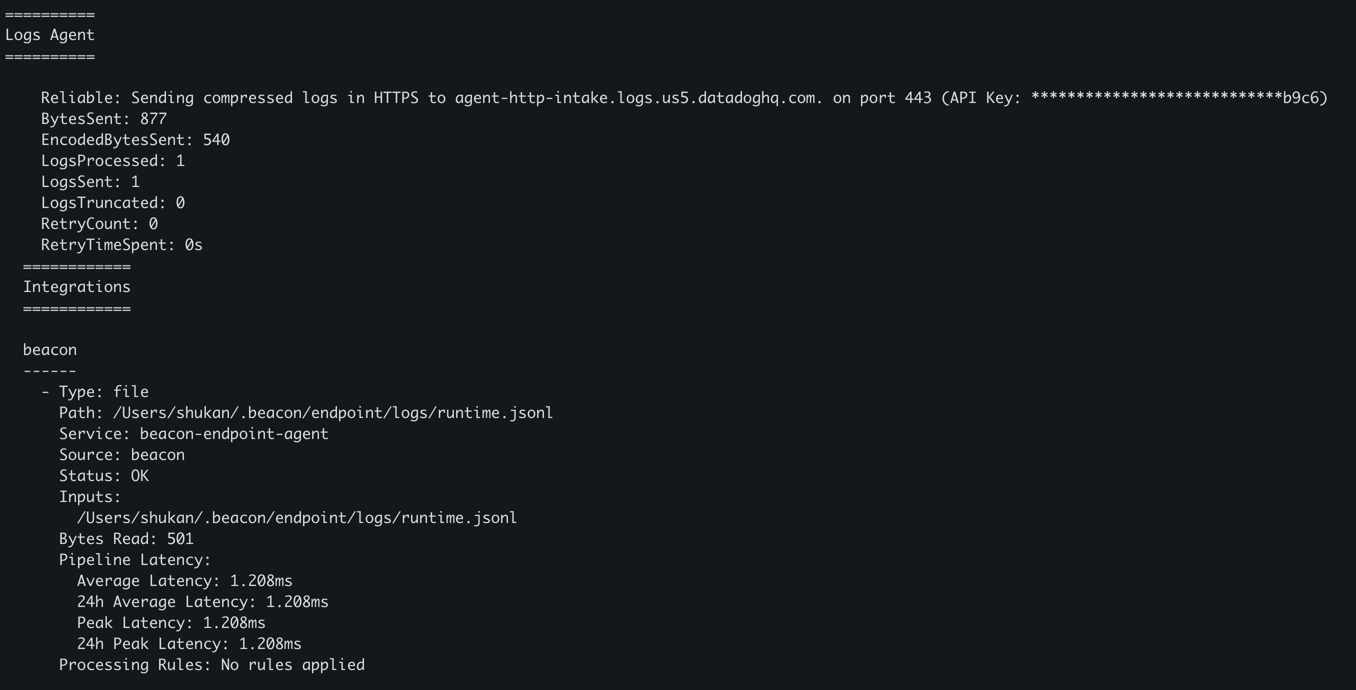 Datadog Agent status showing Logs Agent and beacon integration with Status OK, service beacon-endpoint-agent, source beacon, and logs sent.