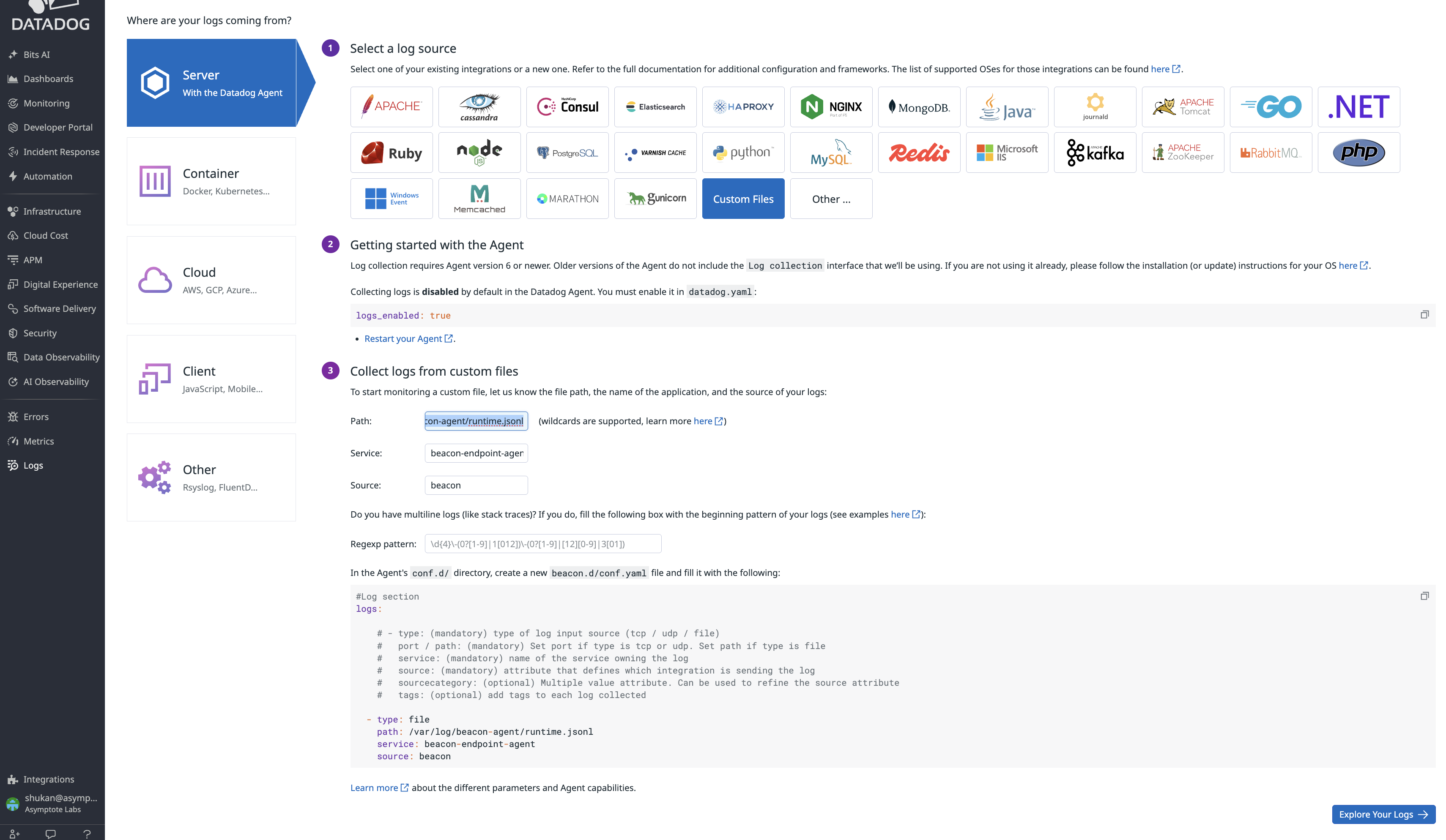 Datadog Custom Files setup page filled with Beacon runtime log path, service beacon-endpoint-agent, and source beacon.