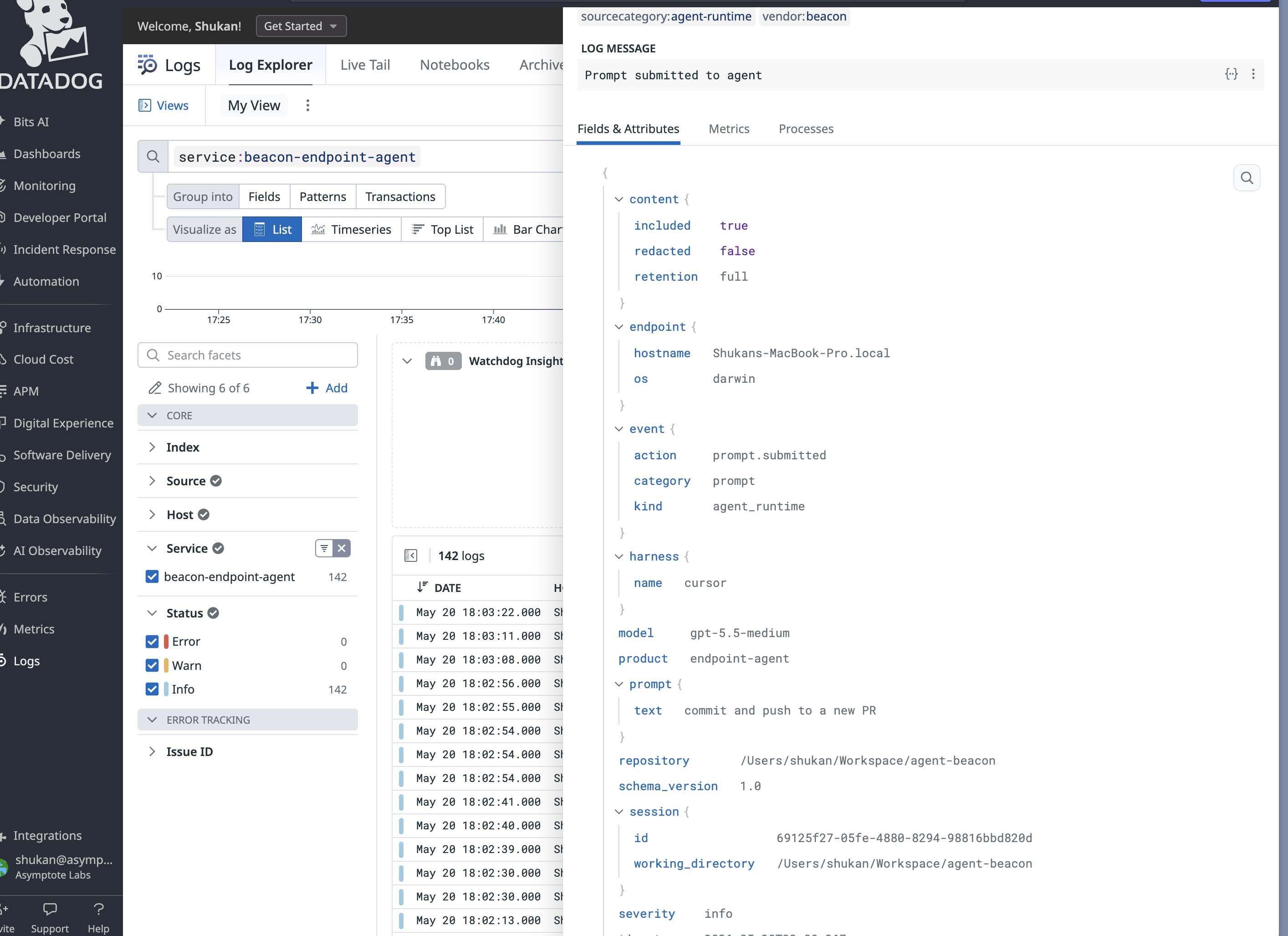 Datadog Log Explorer showing Beacon endpoint logs with the expanded Fields and Attributes panel, including event, harness, prompt, content, repository, and session fields.