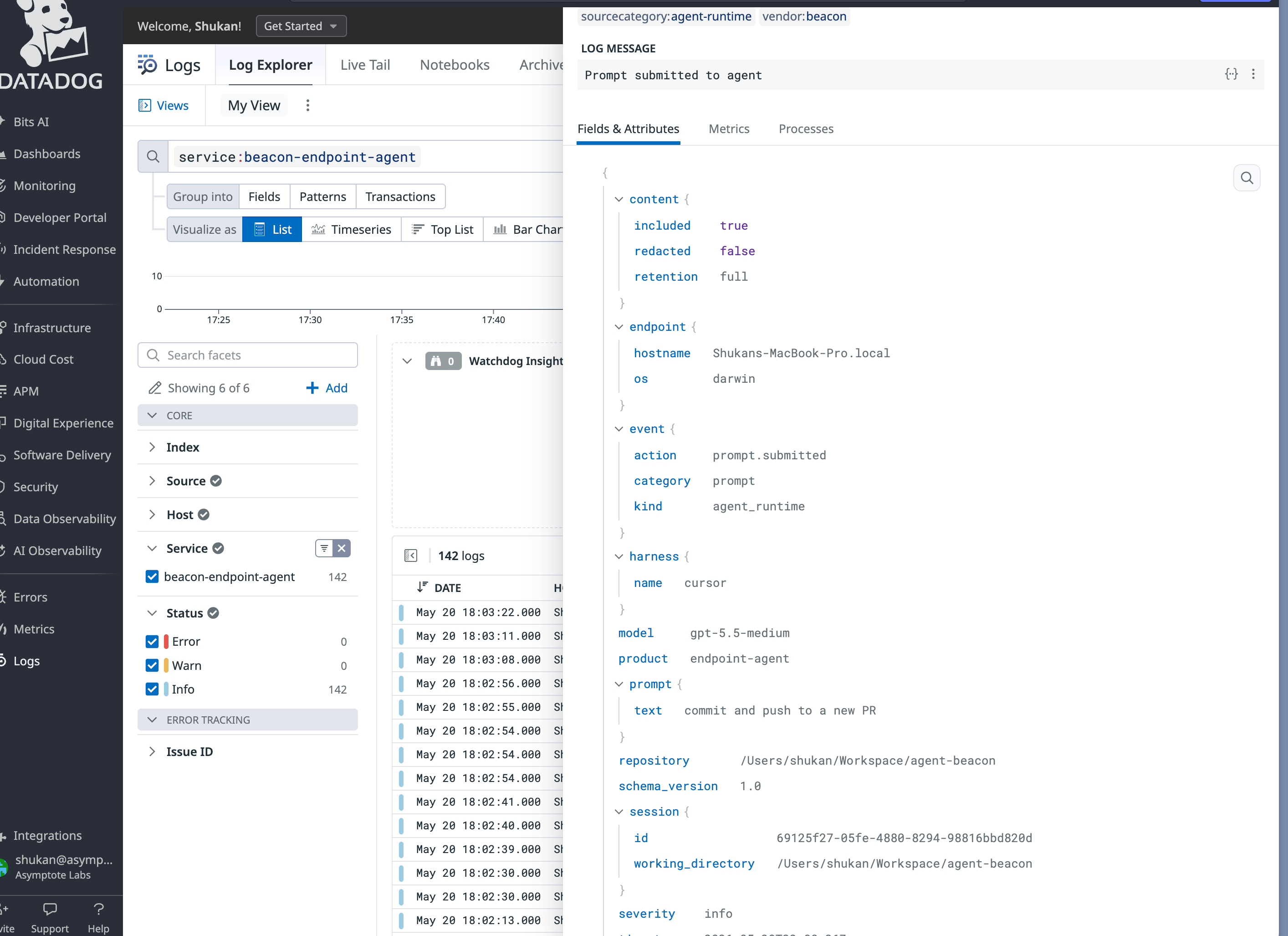 Datadog Log Explorer showing Beacon endpoint logs with the expanded Fields and Attributes panel, including event, harness, prompt, content, repository, and session fields.