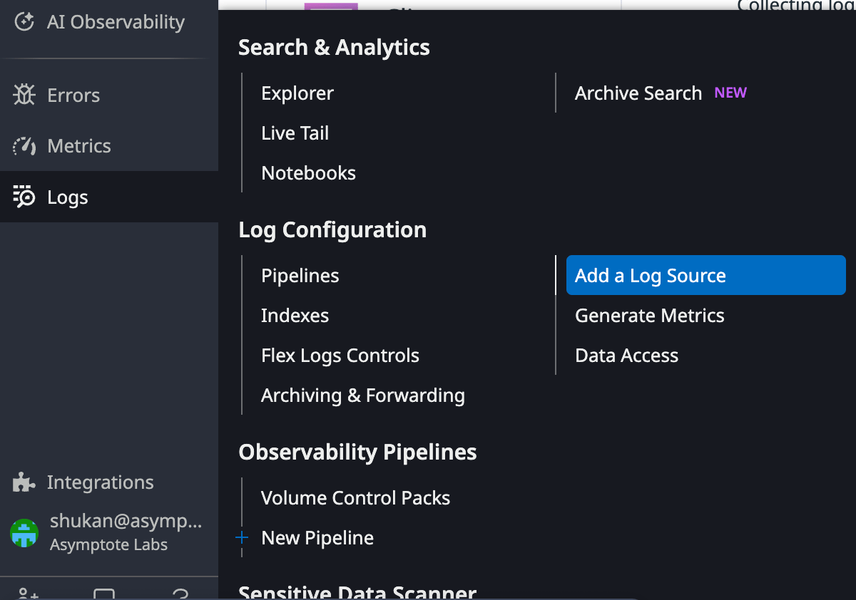 Datadog navigation showing Logs and Add a Log Source selected.