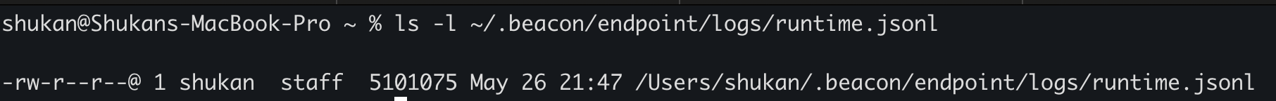 Terminal showing the Beacon runtime JSONL log exists at the user-mode path.