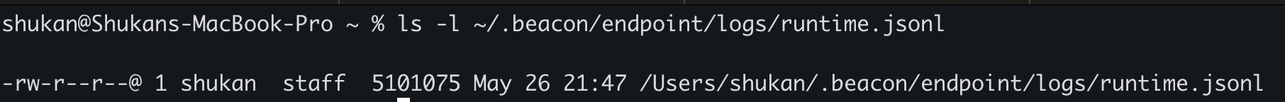 Terminal showing the Beacon runtime JSONL log exists at the user-mode path.