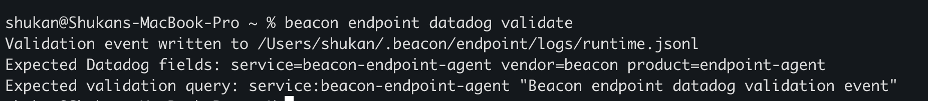 Terminal showing beacon endpoint datadog validate writing a validation event and printing the Datadog query.